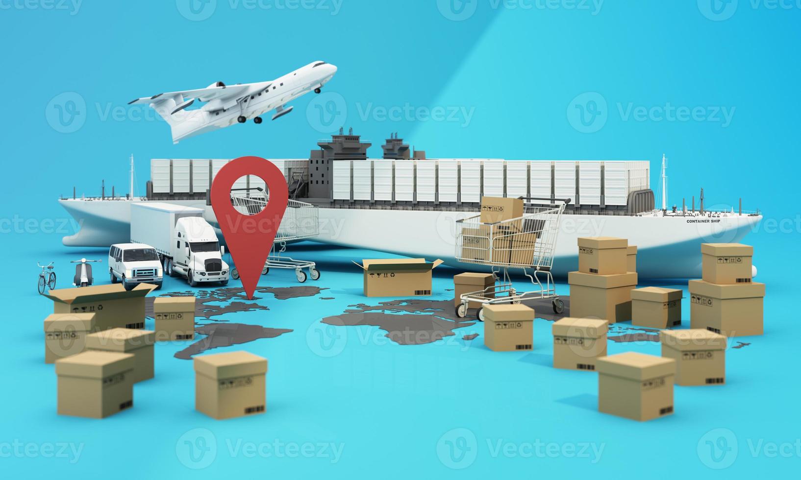 the Earth world map surrounded by cardboard boxes, a cargo container ship, a flying plane, a car, a van and a truck with gps location on blue background 3D rendering isometric view photo