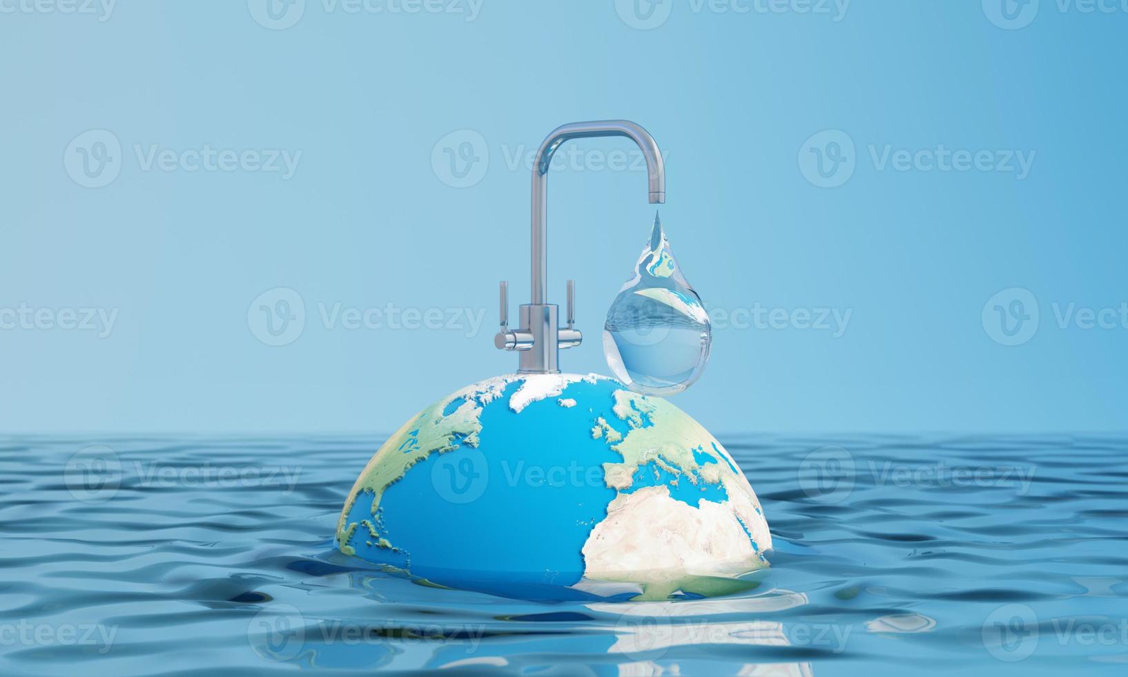 día mundial del agua campaña de ahorro de calidad del agua y concepto de protección ambiental. esfera de globo flotando sobre el agua con grifo y gota de agua sobre un fondo azul aislado. ilustración de renderizado 3d foto