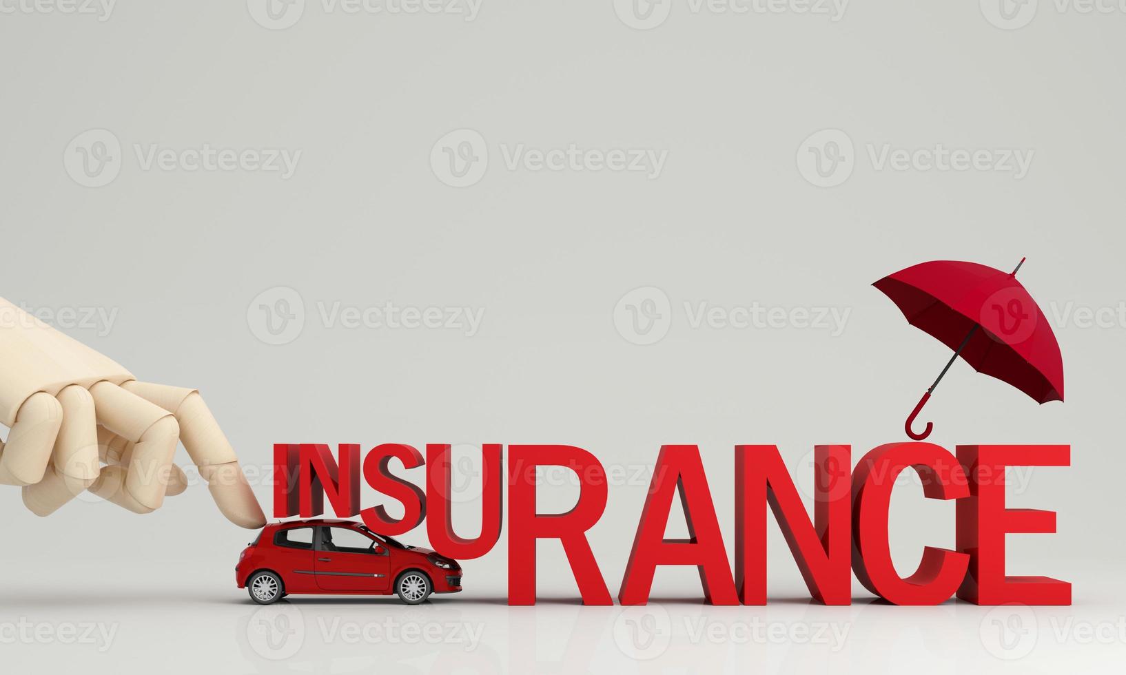 Car protection and safety assurance concept, modern red automobile sedan truck van under white text font and umbrella, isolated on red background, 3d illustration rendering isometric photo