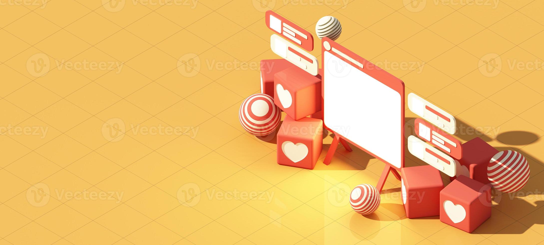 Digital Marketing, web analytics and marketing social media concept with play, chat message, love icon, magnifying glass and display bar and phone screen yellow background. 3d rendering illustration photo