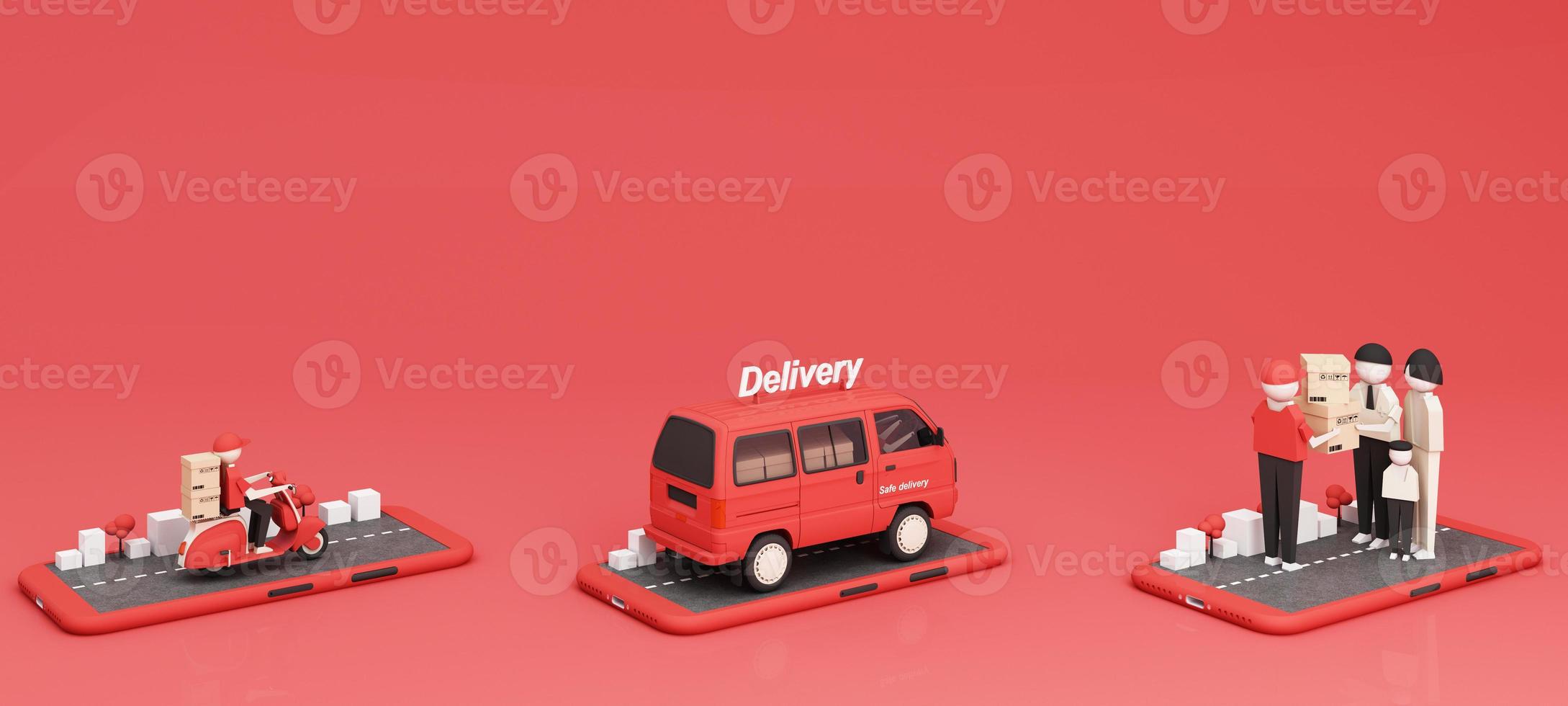 E-commerce concept, Delivery service from front store, Transportation delivery by Vans, truck and motorbike scooter and product packages, gift boxes, tree low polygon on yellow tone 3d rendering photo