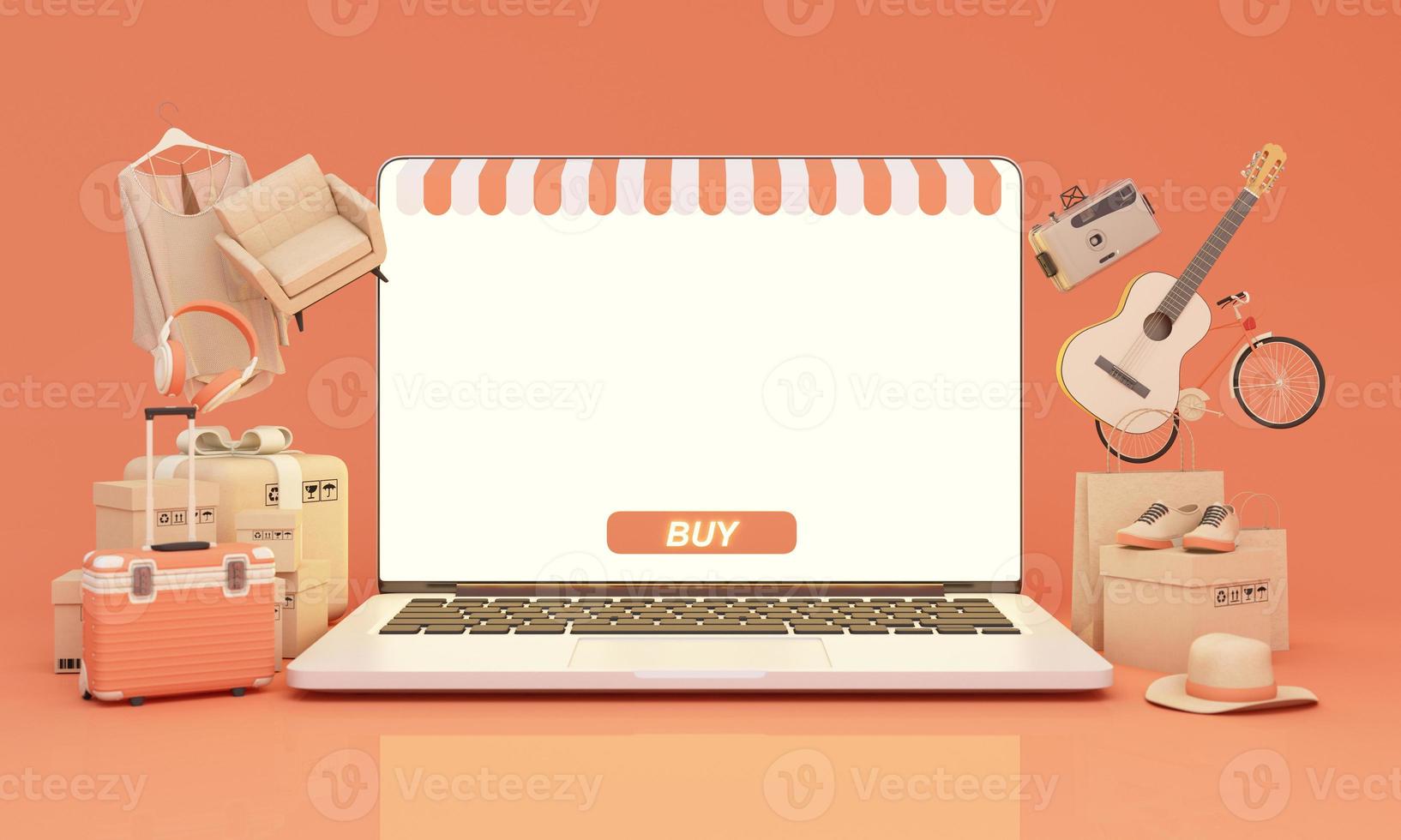 ilustración en línea del mercado, tienda de múltiples proveedores de Internet de estilo 3d en una computadora portátil y pantalla de teléfono con tiendas de múltiples proveedores que firman en tonos naranjas y abren las 24 horas ilustración de representación en 3d foto