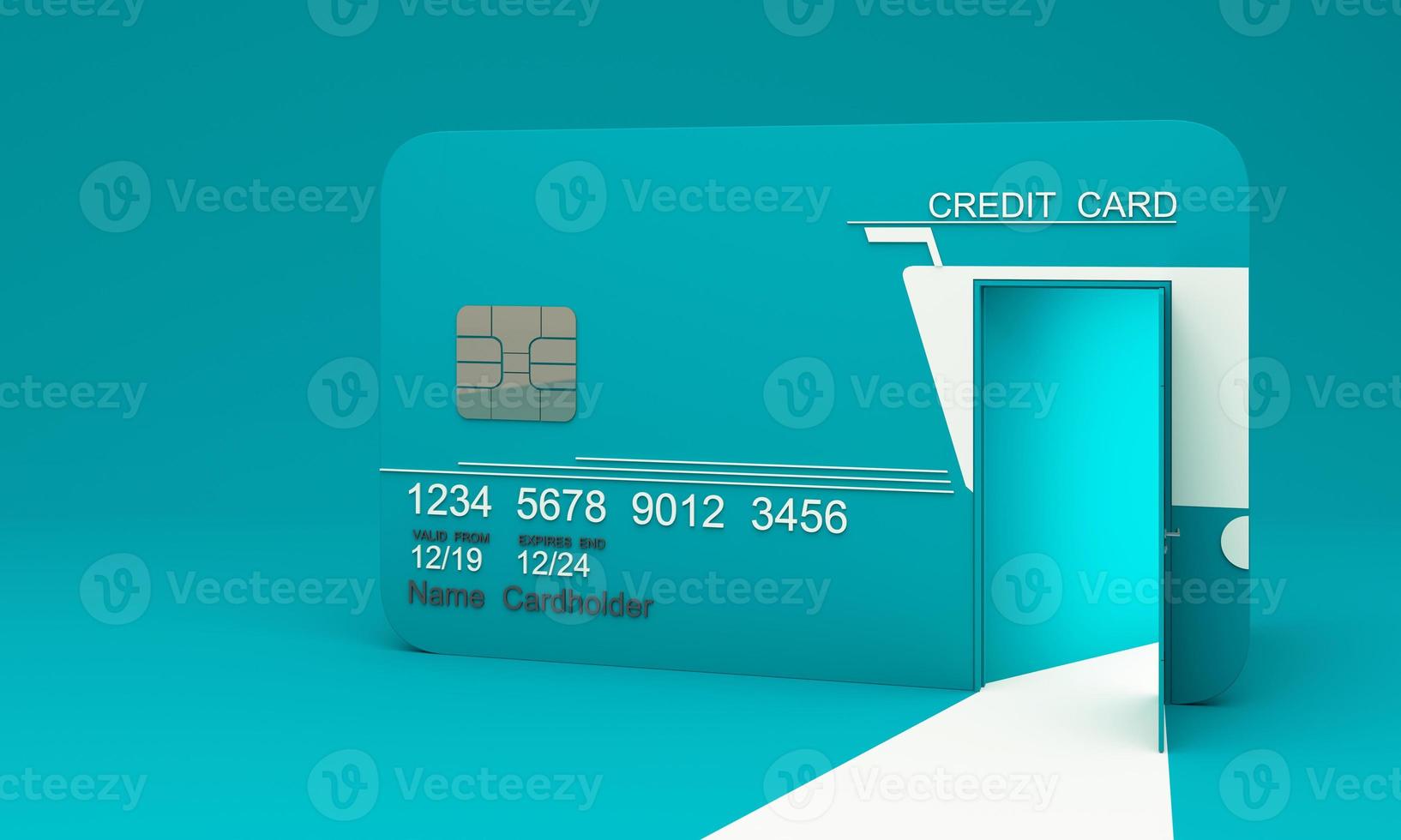the concept of online shopping with shopping bag, cardboard box, box, cartoon delivery man, shopping online design on template mock up green Bank credit card isolate on yellow background 3d rendering photo