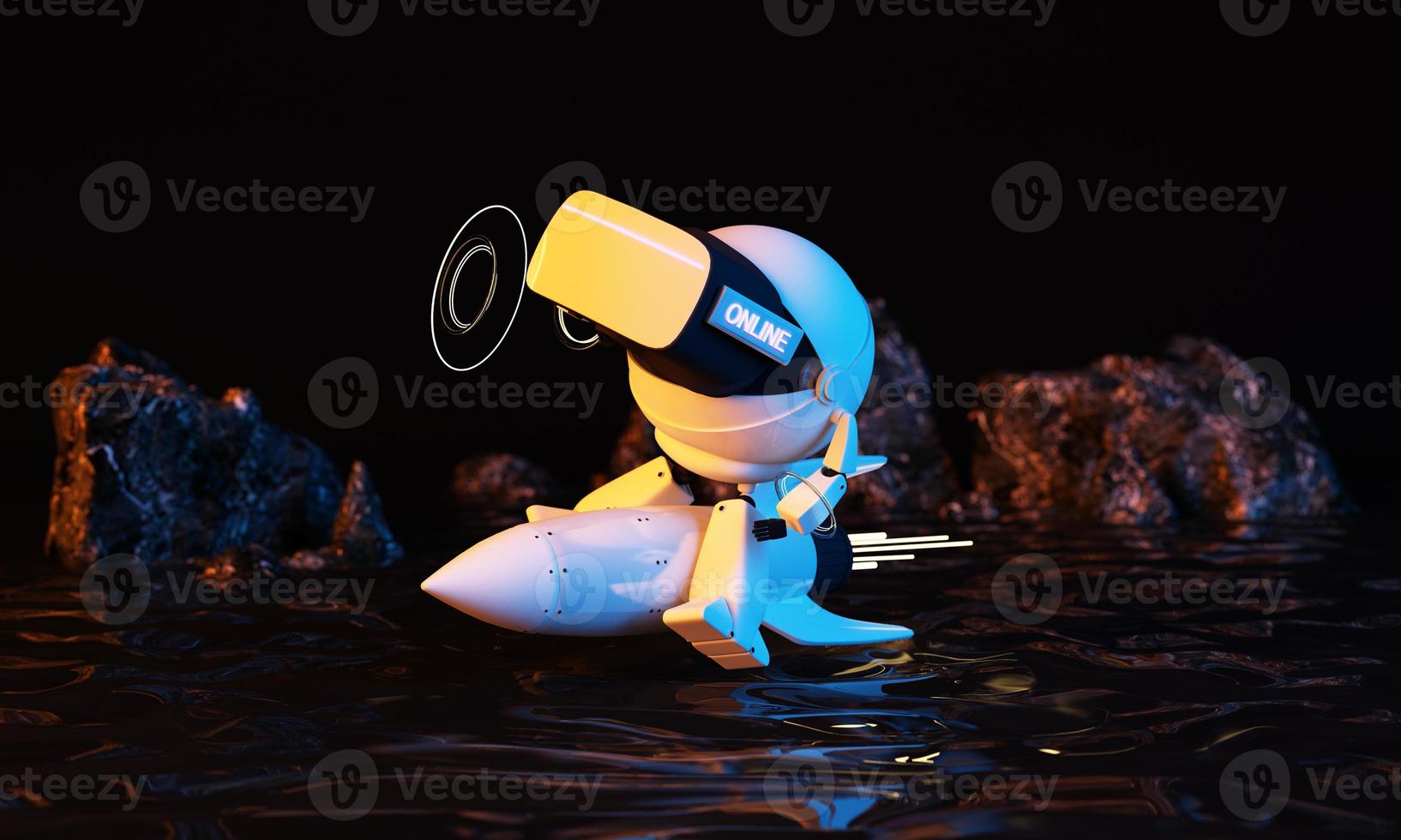astronaut robot Riding a rocket in virtual world environments tall buildings Metaverse technology future concept. VR virtual digital reality cyber simulation Innovation connection. realistic 3d render photo