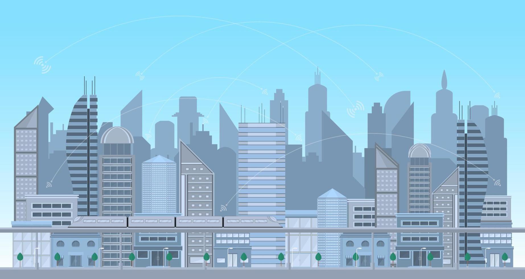 paisaje urbano contemporáneo gran edificio moderno y conexión de red a internet en el cielo superior. Ilustración de vector de ciudad de concepto