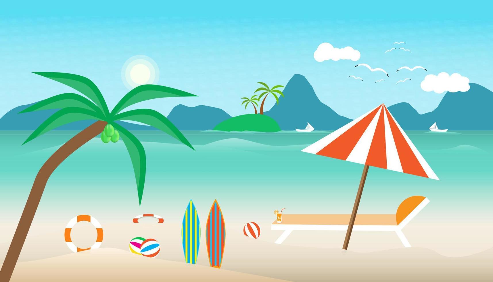 horario de verano con silla de paraguas en la playa. barco en el mar y el pájaro del sol vuela brillante sobre fondo de montaña de nubes de cielo azul. concepto vacaciones ilustración vector diseño plano