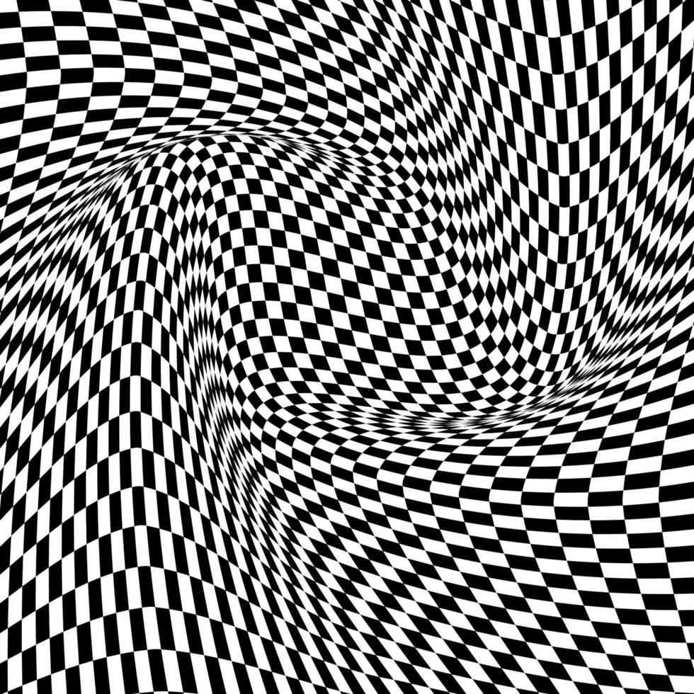 Abstract black and white curved grid vector background. Abstract black and white geometric pattern with squares. Contrast optical illusion. Vector Illustration