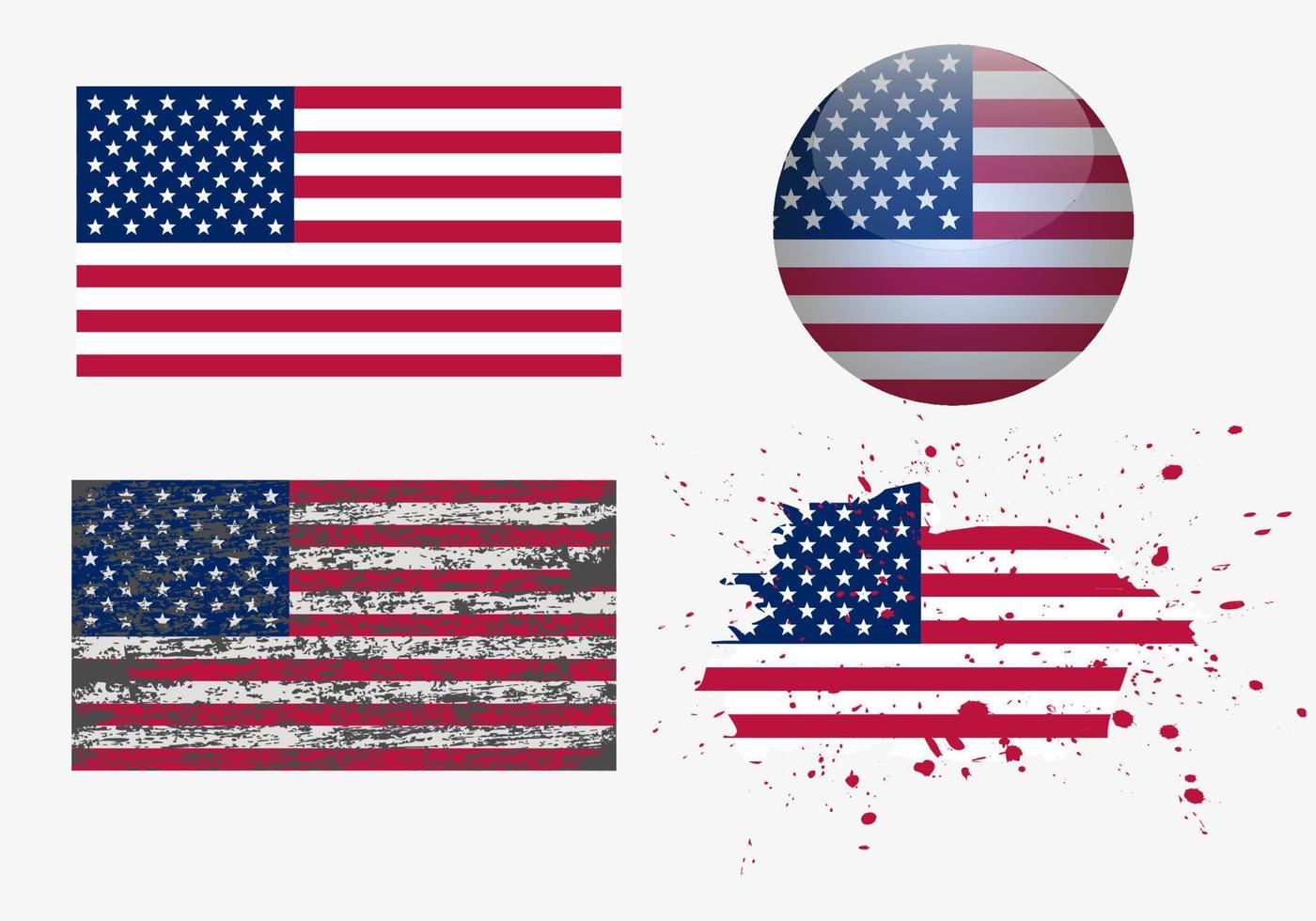 Set American flags. Brush painted flags of USA. Hand drawn style illustration with a grunge effect and watercolor. American flags with grunge texture. Vector illustration.