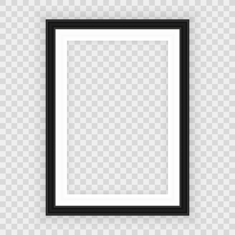 Realistic Black Blank Picture frame, hanging on a White Wall from the Front. Design Template for Mock Up. Vector illustration