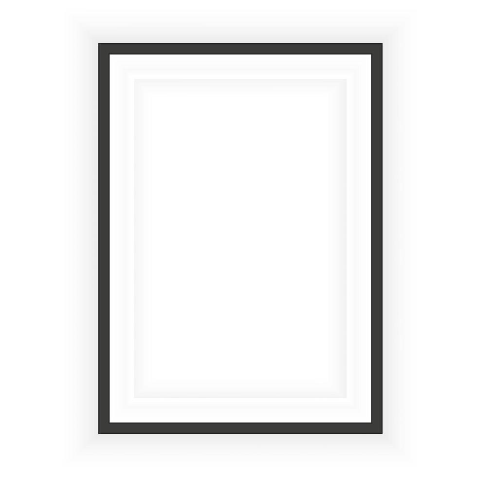 Realistic Black Blank Picture frame, hanging on a White Wall from the Front. Design Template for Mock Up. Vector illustration