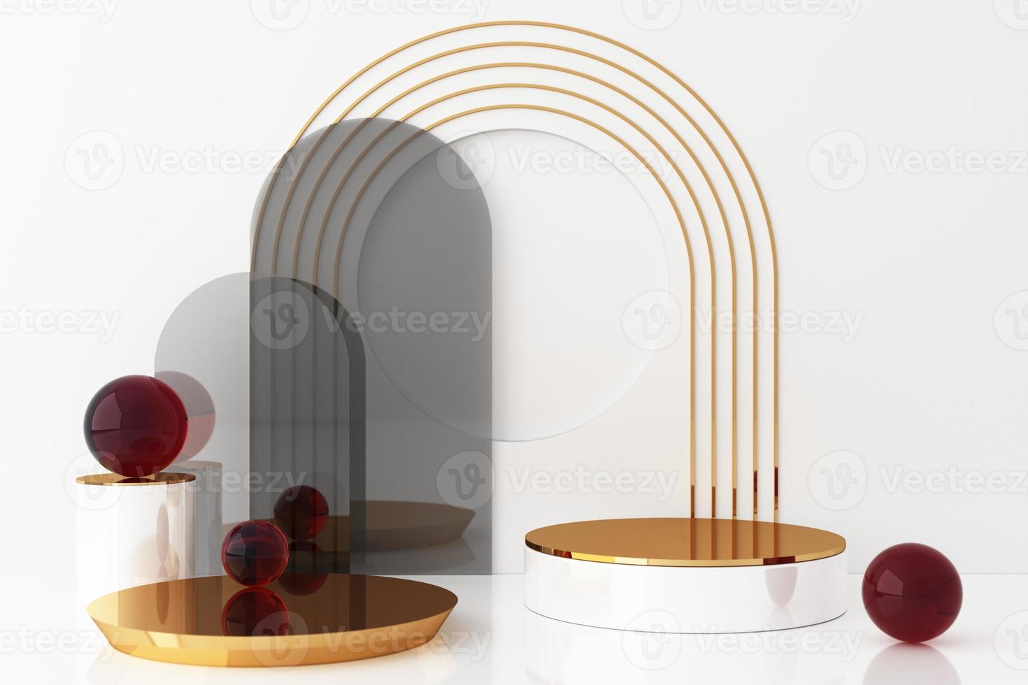 Minimal abstract geometric background with direct sunlight in shades of green and yellow. Showcase scene with empty podium for product presentation 3d rendering photo