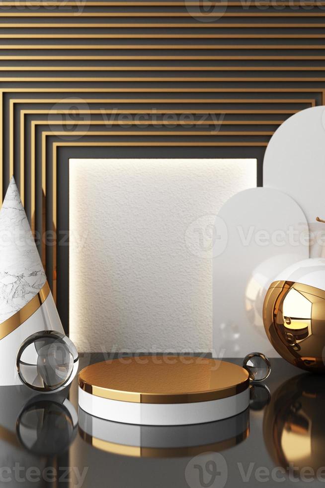 Minimal abstract geometric background with direct sunlight in shades of green and yellow. Showcase scene with empty podium for product presentation 3d rendering photo
