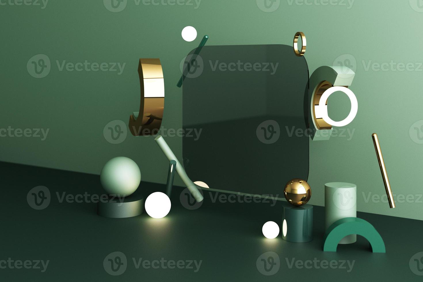 Minimal abstract geometric background with direct sunlight in shades of green and yellow. Showcase scene with empty podium for product presentation 3d rendering photo