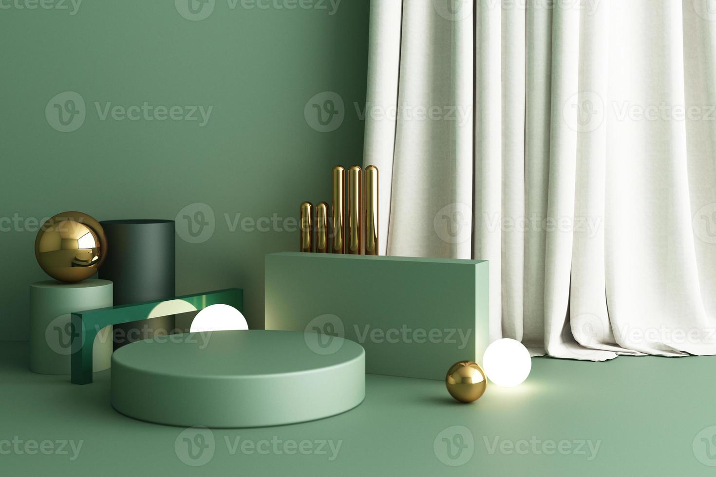 Minimal abstract geometric background with direct sunlight in shades of green and yellow. Showcase scene with empty podium for product presentation 3d rendering photo