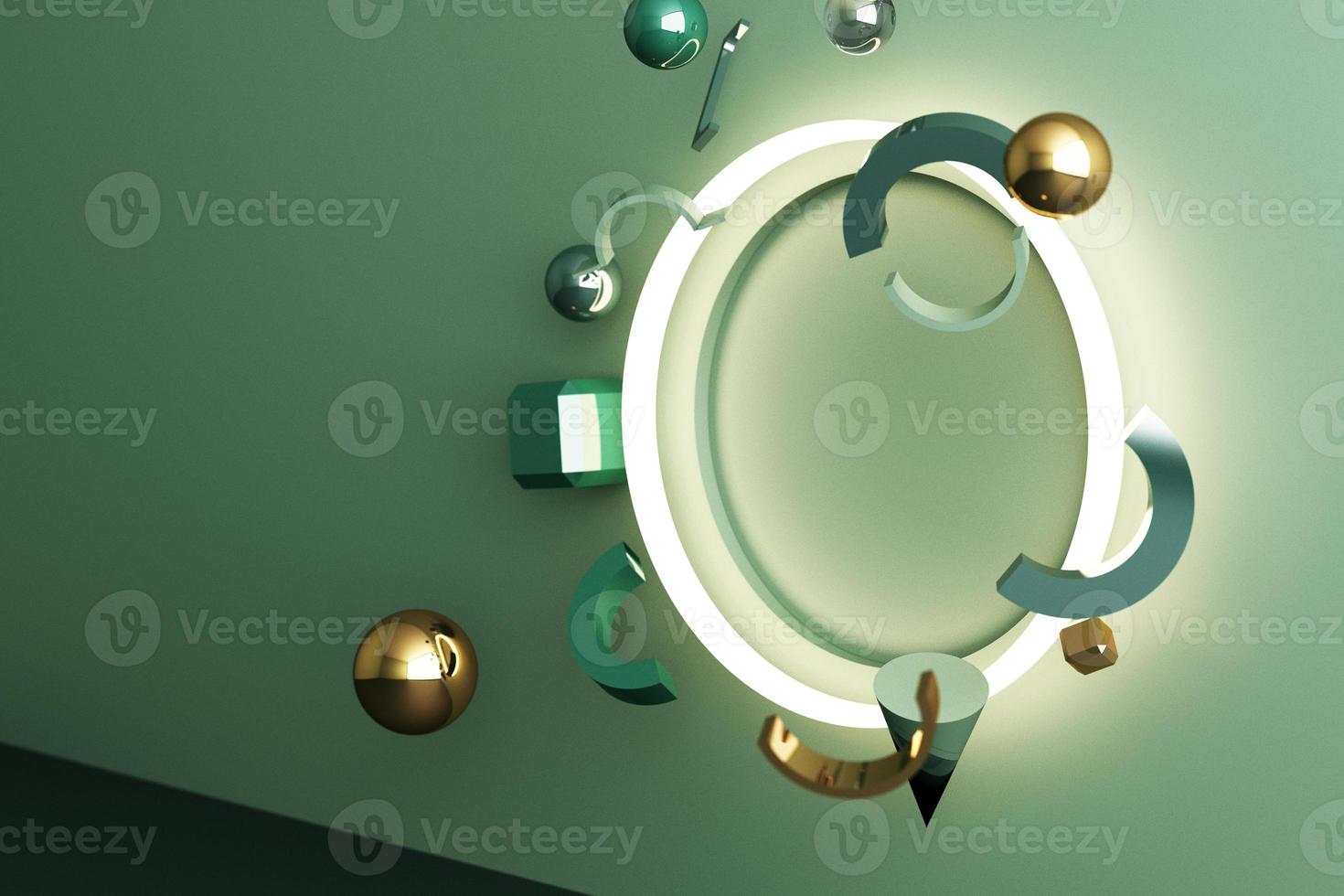 Minimal abstract geometric background with direct sunlight in shades of green and yellow. Showcase scene with empty podium for product presentation 3d rendering photo