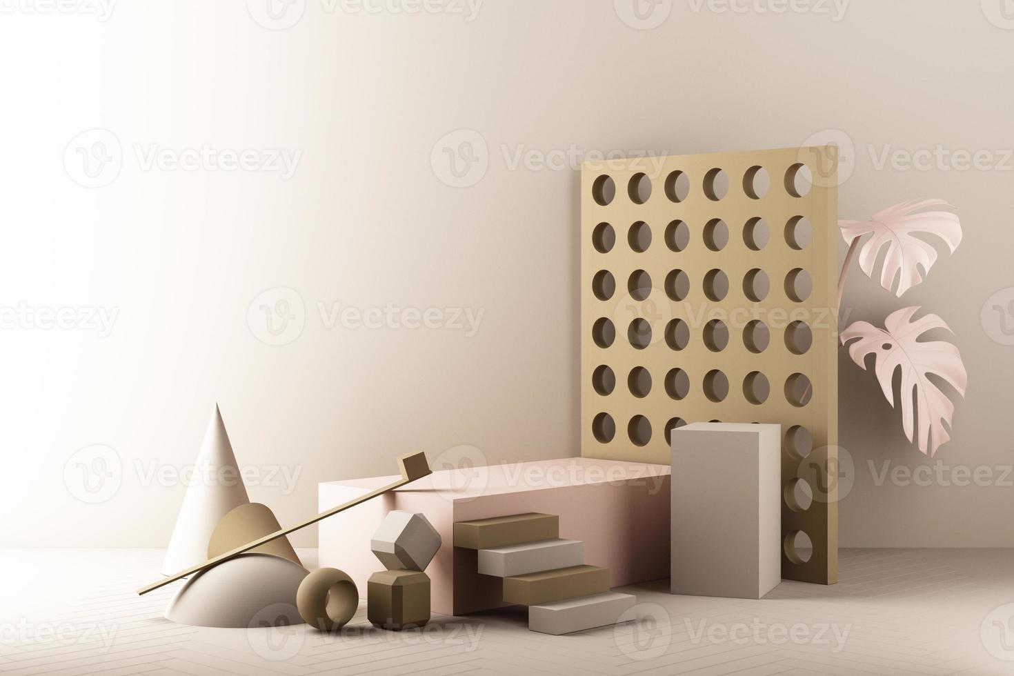 Minimal abstract geometric background with direct sunlight in shades of green and yellow. Showcase scene with empty podium for product presentation 3d rendering photo