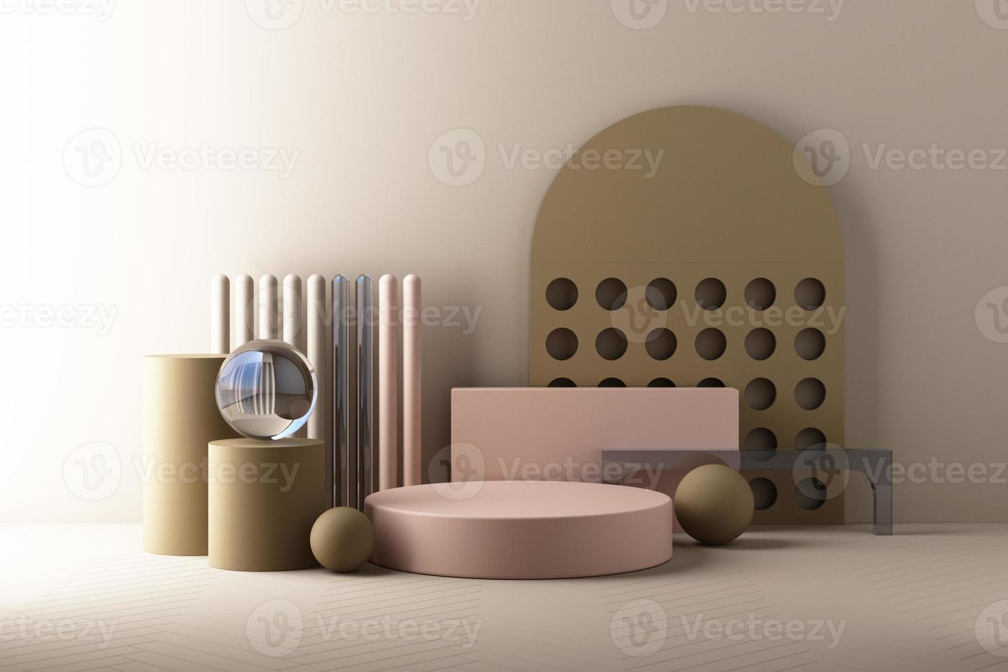 Minimal abstract geometric background with direct sunlight in shades of green and yellow. Showcase scene with empty podium for product presentation 3d rendering photo