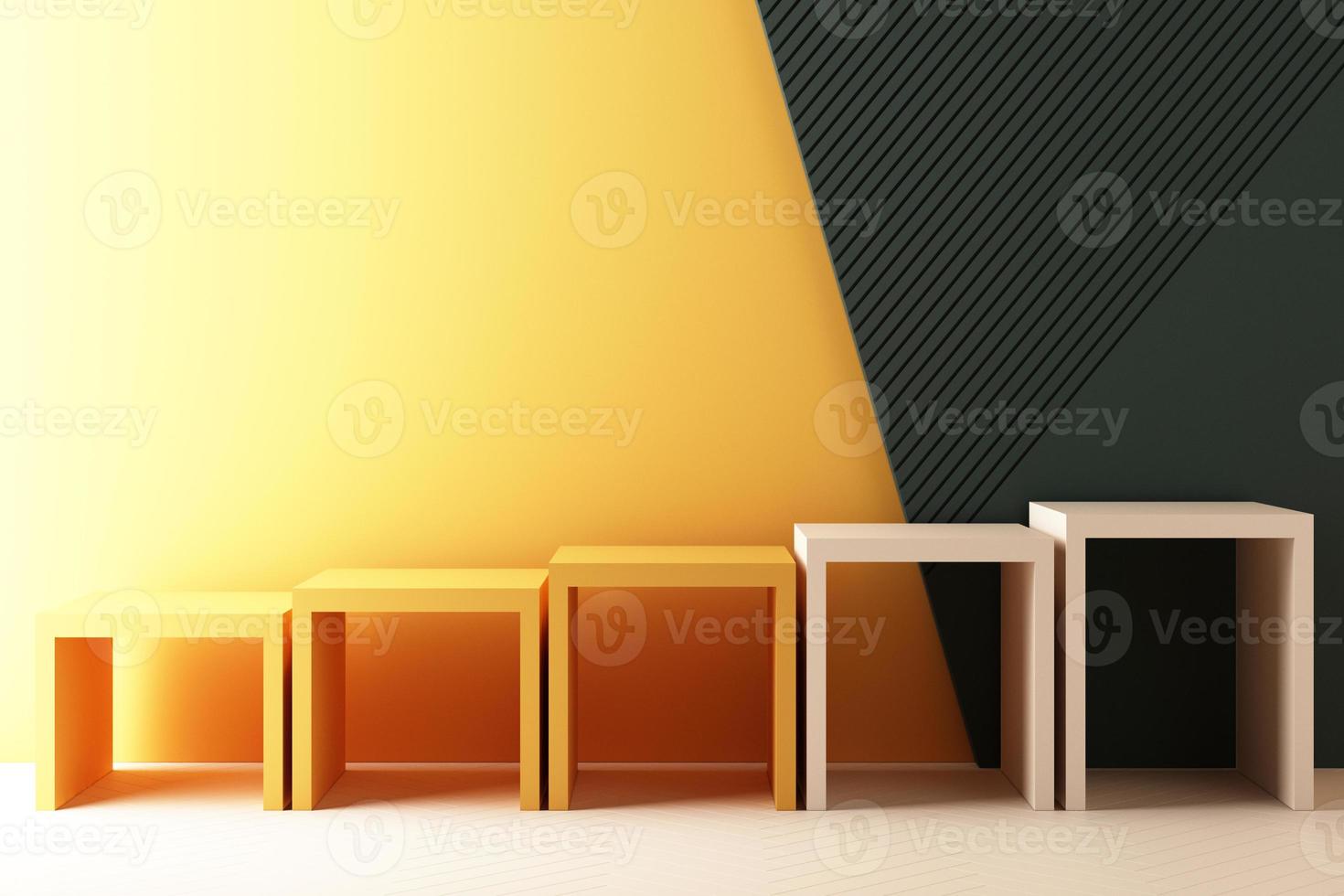 Minimal abstract geometric background with direct sunlight in shades of green and yellow. Showcase scene with empty podium for product presentation 3d rendering photo