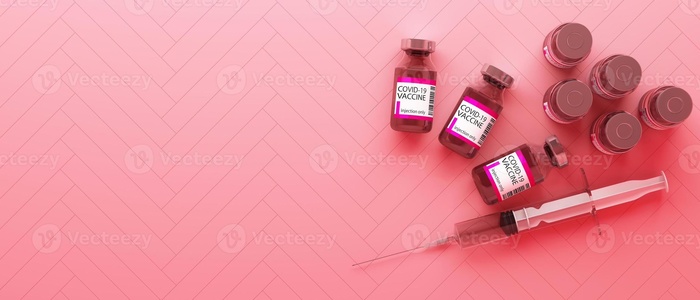 kit de autoprueba covid-19 con vacuna y medicamento sobre fondo blanco. representación 3d foto