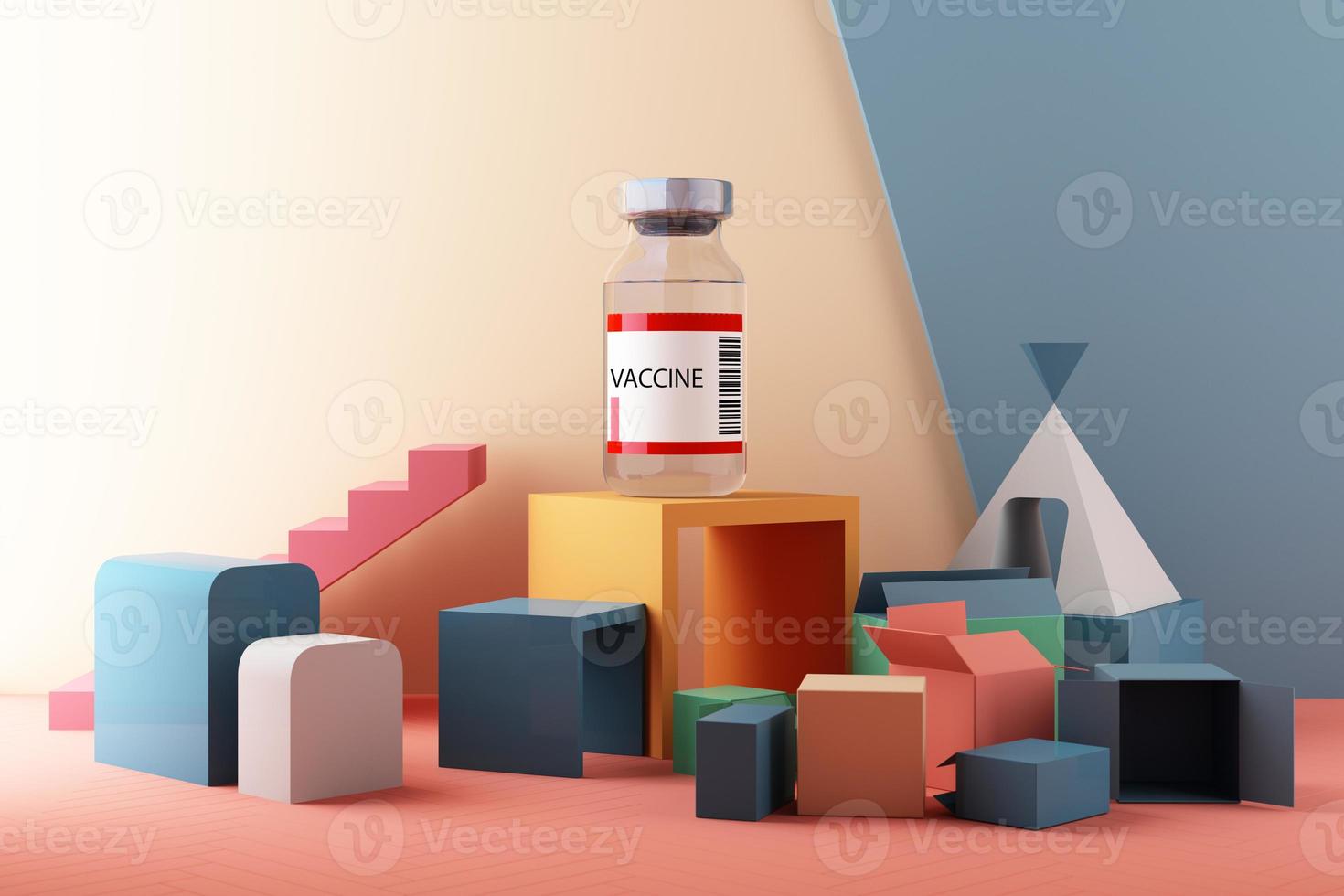 Covid-19 self test kit with vaccine and medicine on background. 3d rendering photo