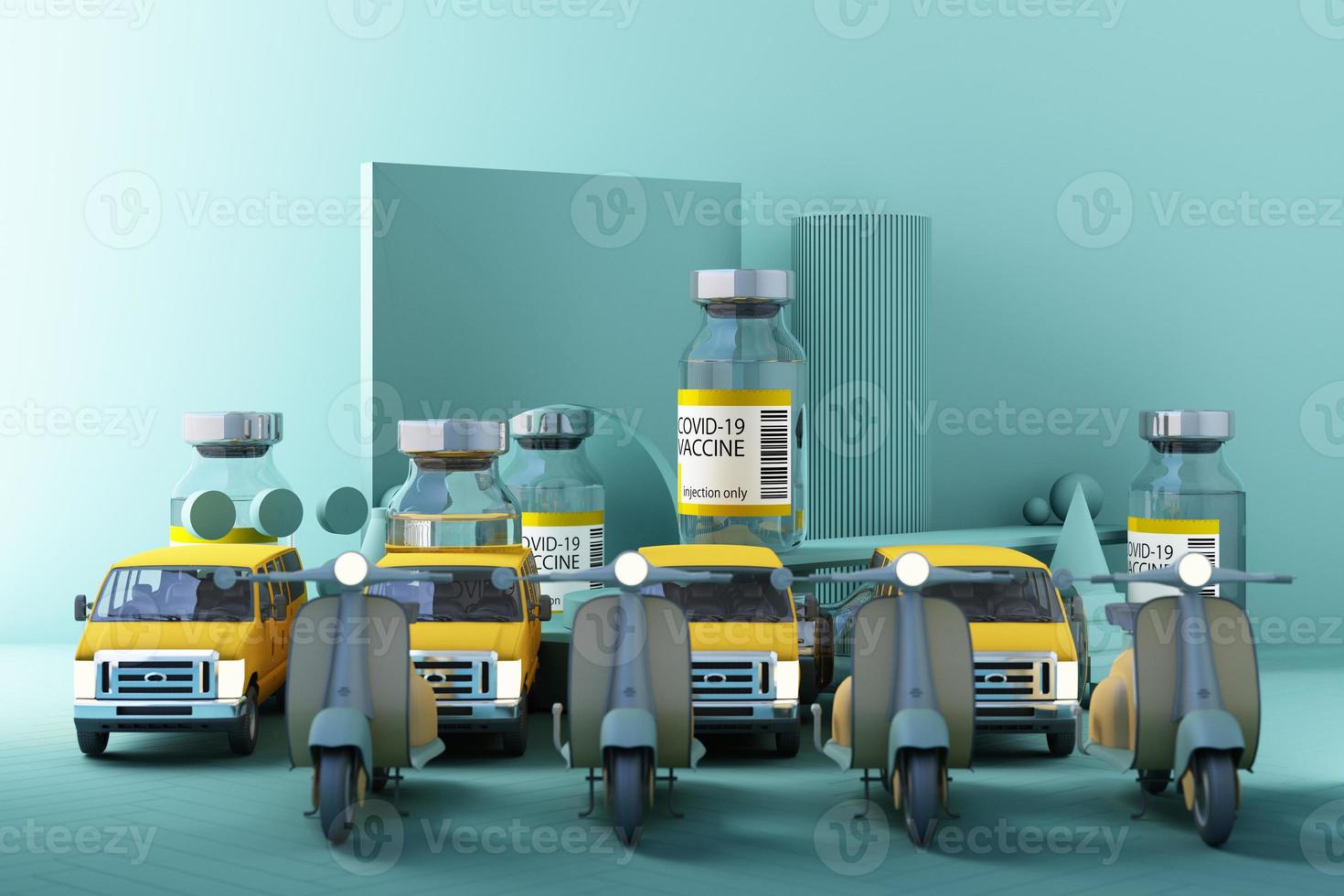 Concept colorful yellow and green tone for the worldwide delivery of COVID-19 coronavirus vaccine by van 3d rendering photo