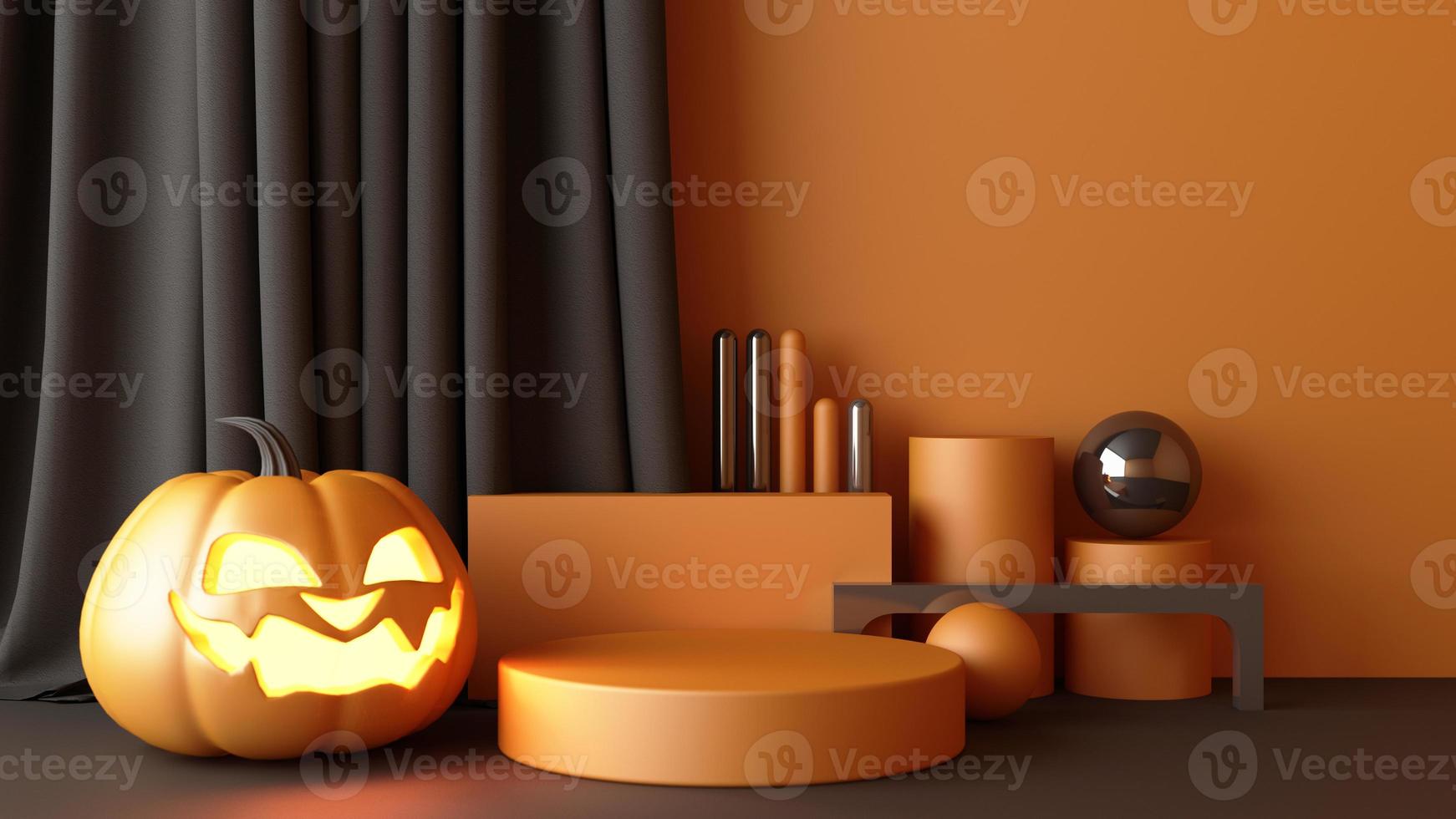 October Halloween Pumpkins head growing with geometric shape with product stand mock up for present on color background 3d rendering photo