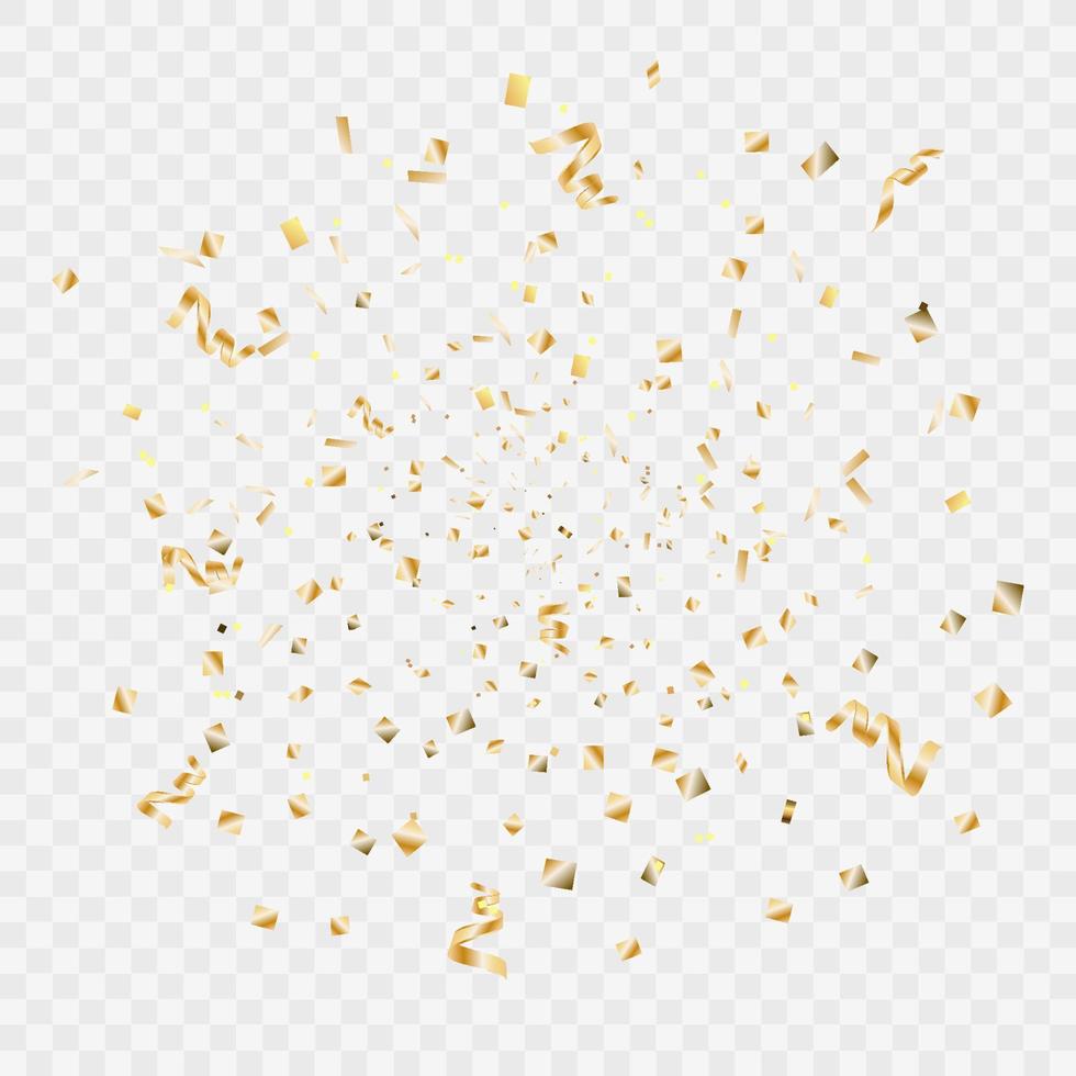 Confetti and streamer ribbon falling on transparent background. Falling shiny gold confetti. Bright golden festive tinsel. Party backdrop. Holiday design elements for web banner, poster vector