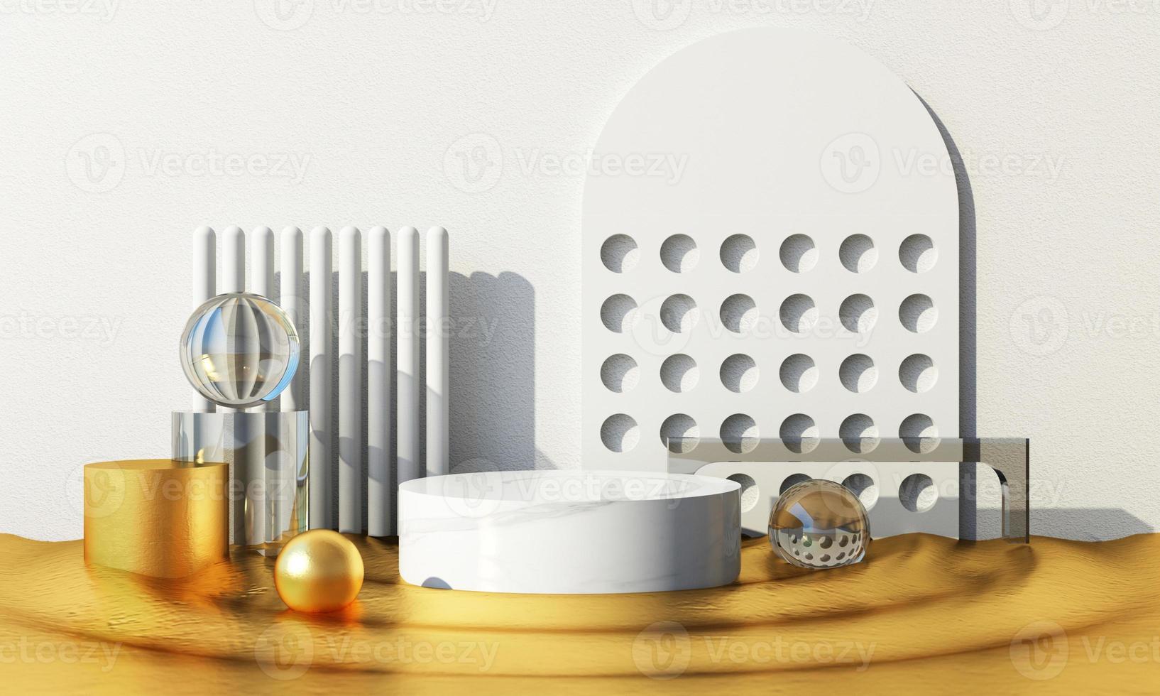 Minimal cosmetic background for product presentation. with stone and wood rock arc geometric form and podium on gray color concrete wall background. 3d render illustration. photo