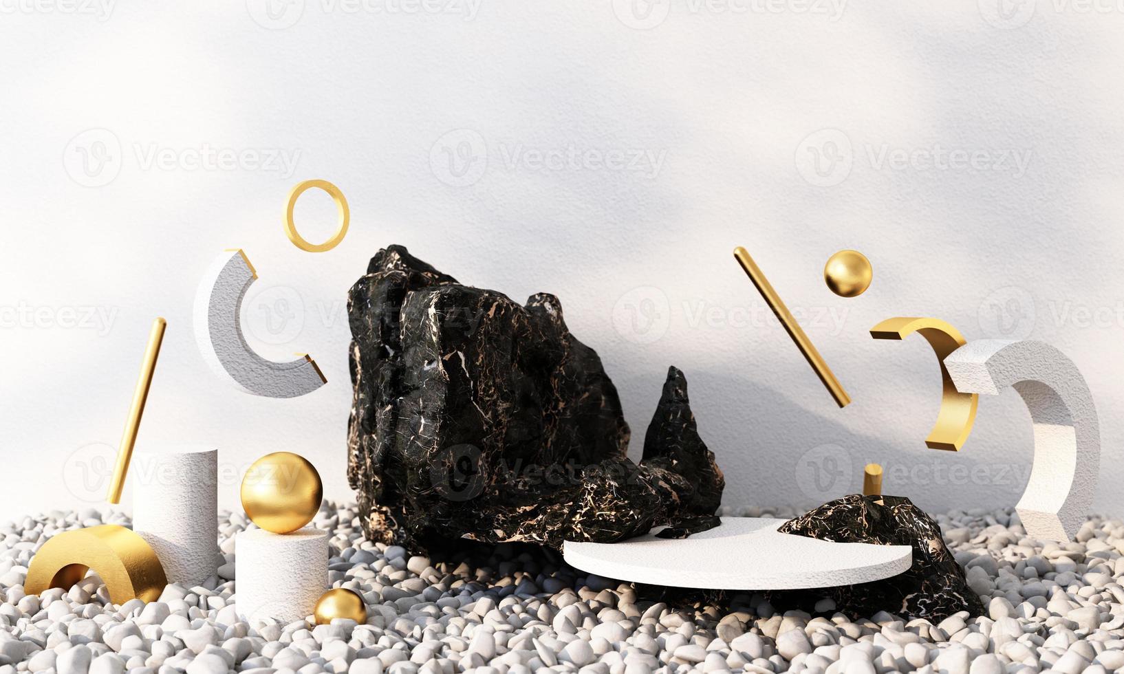 Minimal cosmetic background for product presentation. with stone and wood rock arc geometric form and podium on gray color concrete wall background. 3d render illustration. photo