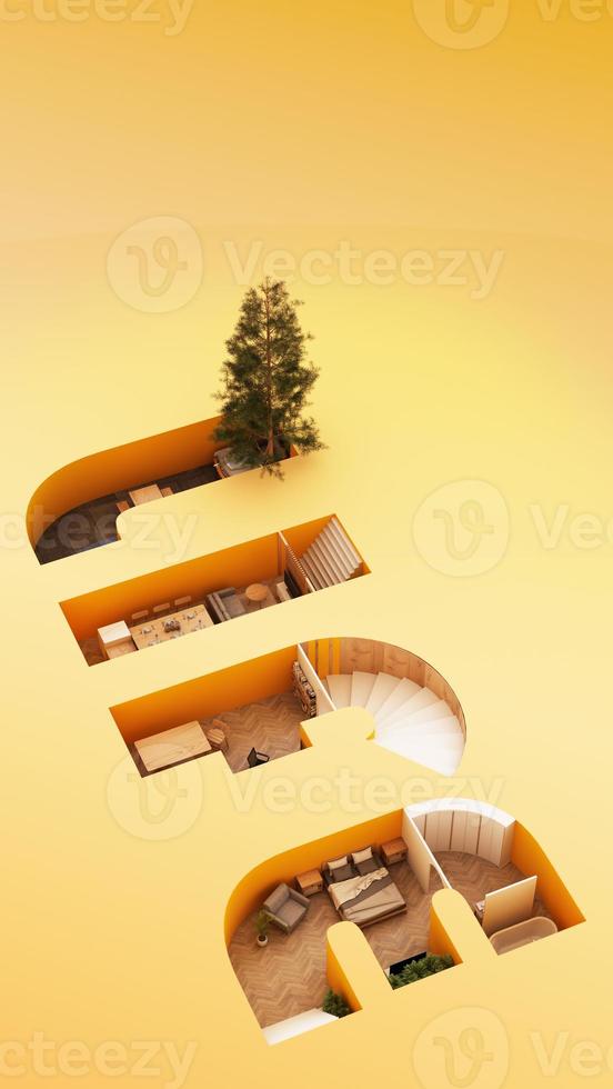 A cross section of a house. concept of work from home, goal of life, Work Life Balance with furniture used in daily life. in white and wood tones, 3D rendering and illustration. photo