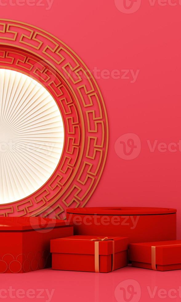 Chinese New Year style red and white podium product showcase with gold and gift, lantern, China pattern scene background. 2022 tiger year Holiday traditional festival concept. 3D rendering photo