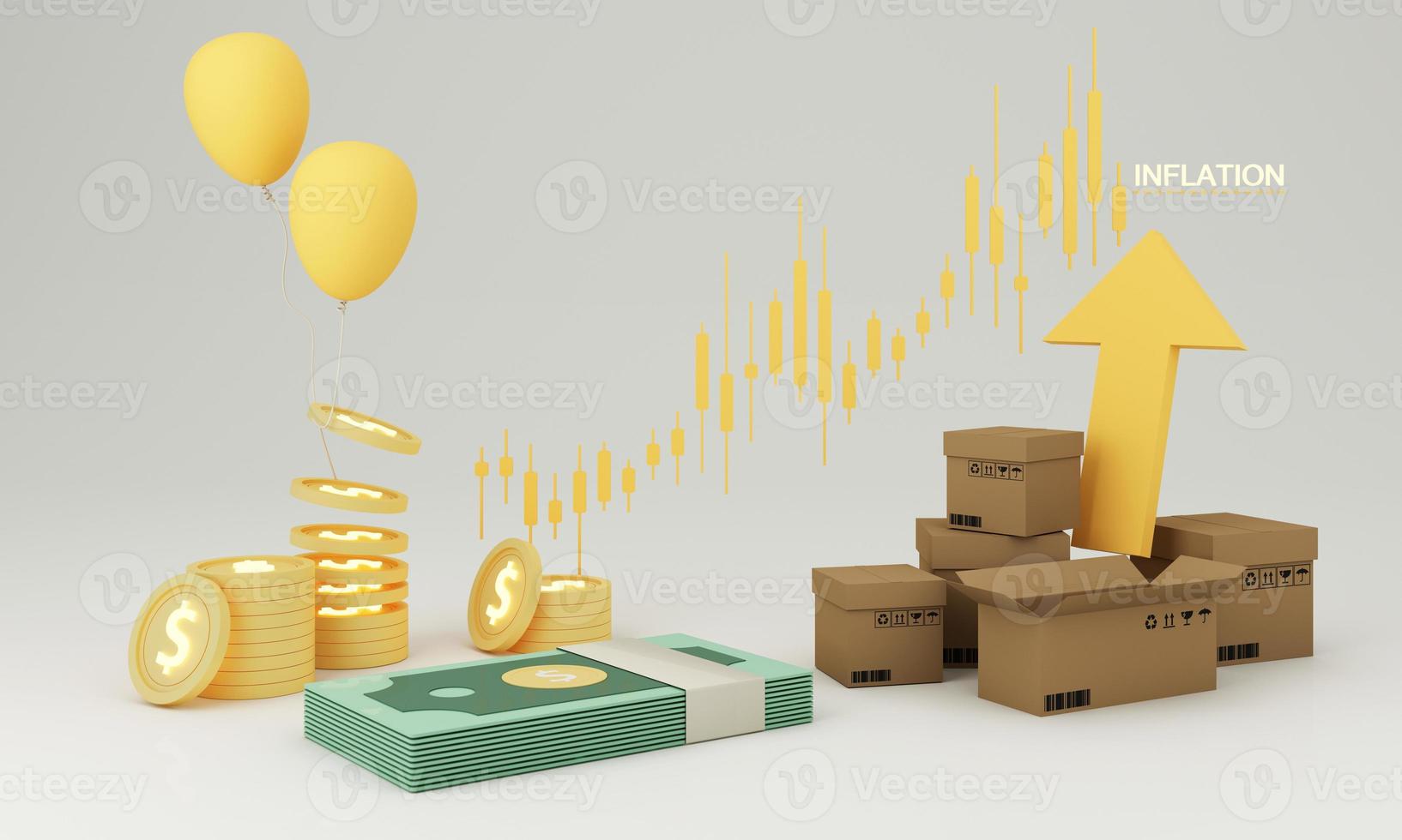 carrito de compras con flecha roja hacia arriba rodeada de cajas de cartón y gráficos de acciones en la parte posterior que aumentan constantemente en concepto de inflación. en un render 3d de fondo negro foto