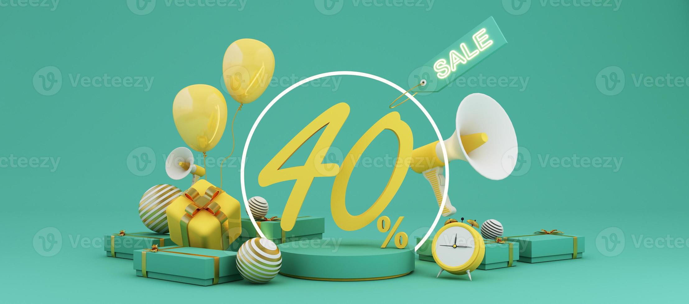 Great discount banner design with SALE text phrase on green and yellow background with gift box, shopping cart bag and alarm clock elements megaphone with product stand 3d rendering photo