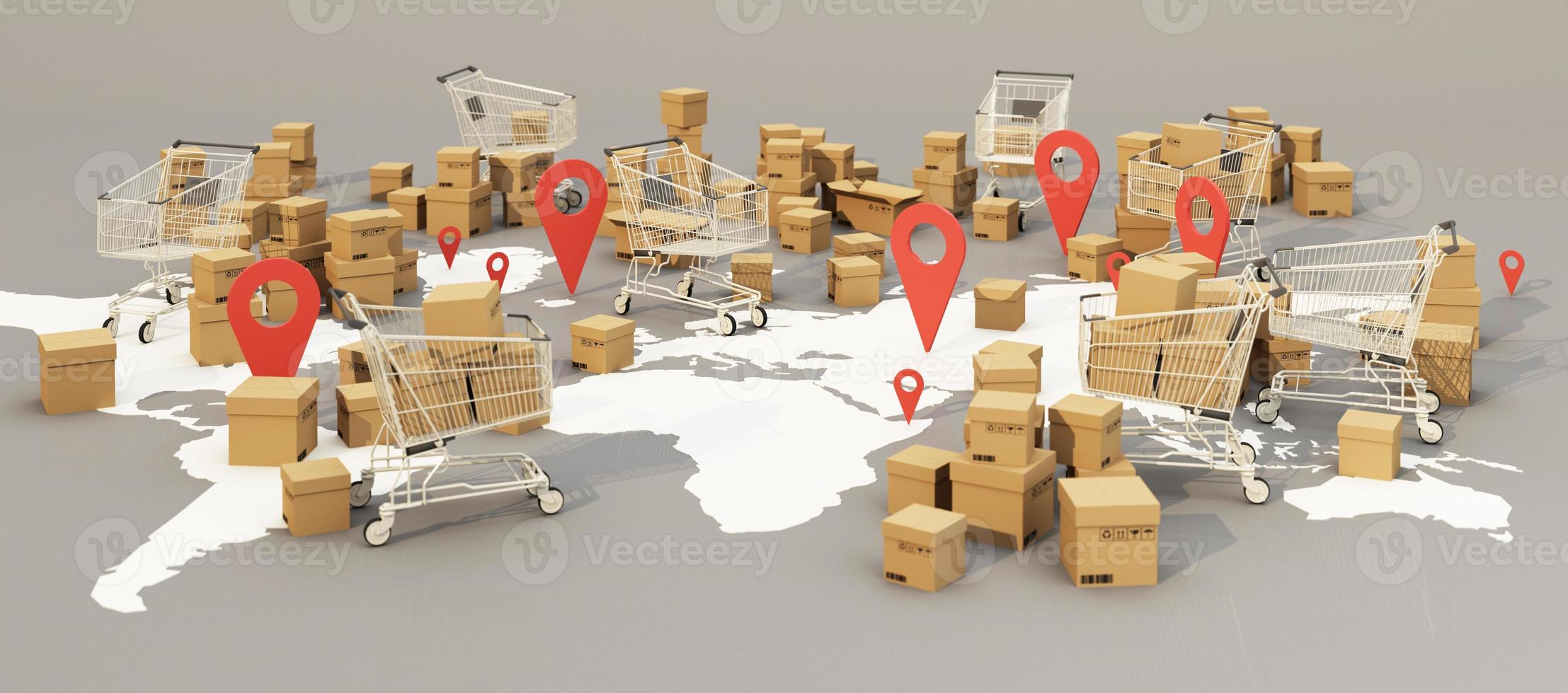 the Earth world map surrounded by cardboard boxes, a cargo container ship, a flying plane, a car, a van and a truck with gps location on blue background 3D rendering isometric view photo