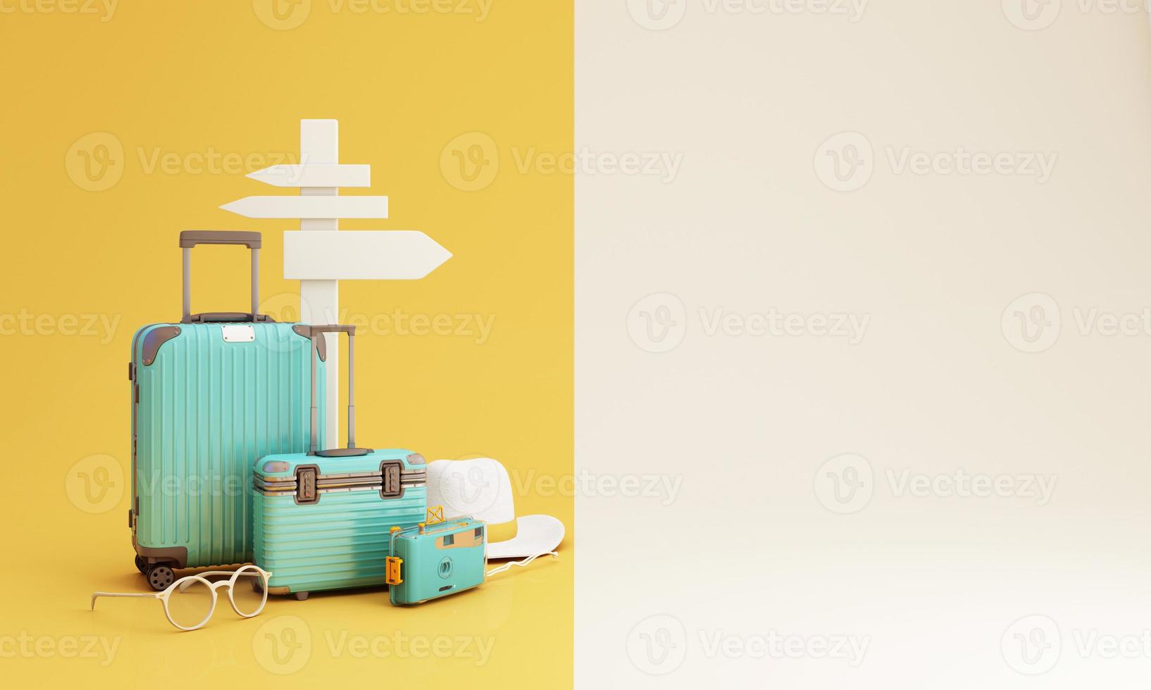 The letter Insurance glows on the cube, blue and yellow. Placed on the world map and model family cartoon characters and planes in the concept of travel insurance, travel and protection. 3d render photo