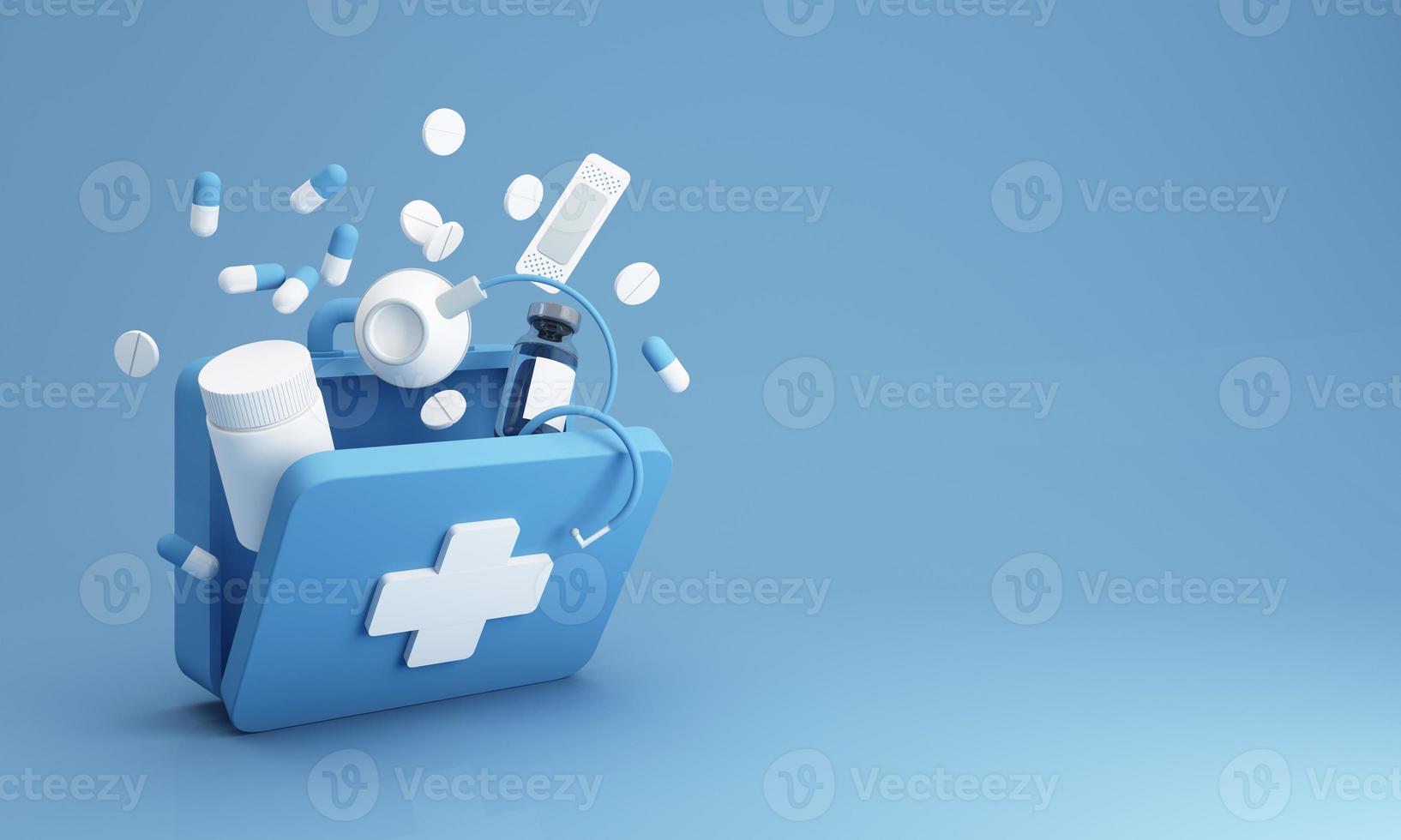 medicamentos simples para la categoría de farmacia incluye vendaje para heridas, pastillero, estetoscopio y vacuna con muchas pastillas y cápsulas. en azul 3d render ilustración foto