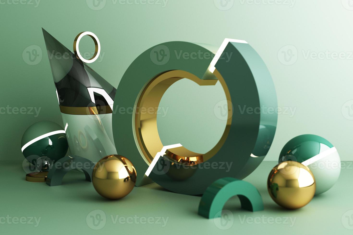 Minimal abstract geometric background with direct sunlight in shades of green and yellow. Showcase scene with empty podium for product presentation 3d rendering photo