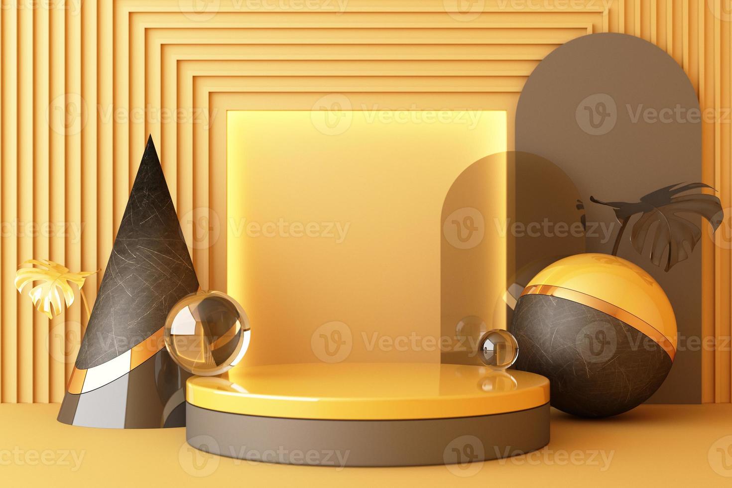 Minimal abstract geometric background with direct sunlight in shades of green and yellow. Showcase scene with empty podium for product presentation 3d rendering photo
