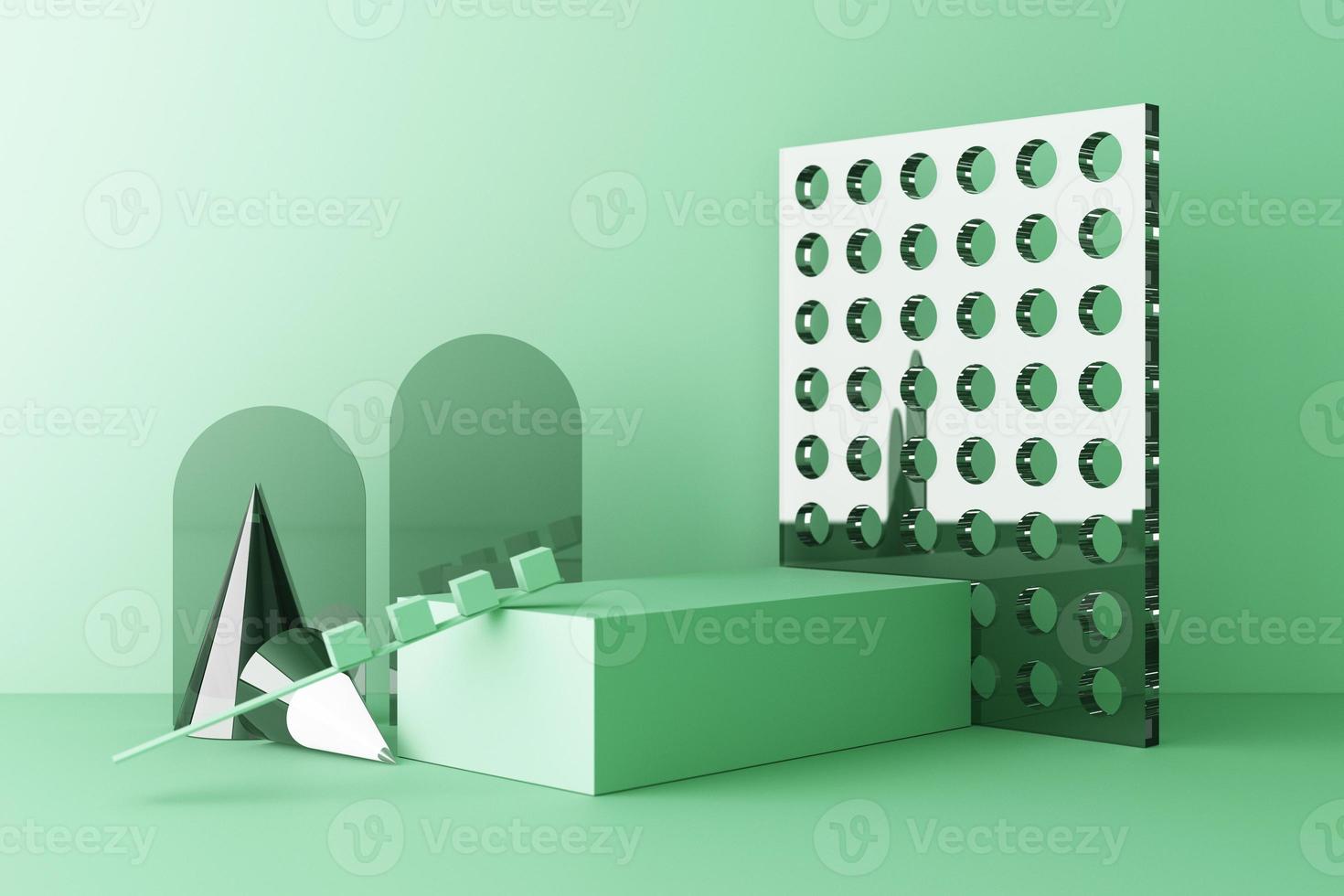 Minimal abstract geometric background with direct sunlight in shades of green and yellow. Showcase scene with empty podium for product presentation 3d rendering photo