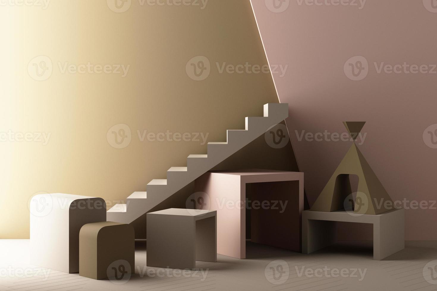 Minimal abstract geometric background with direct sunlight in shades of green and yellow. Showcase scene with empty podium for product presentation 3d rendering photo
