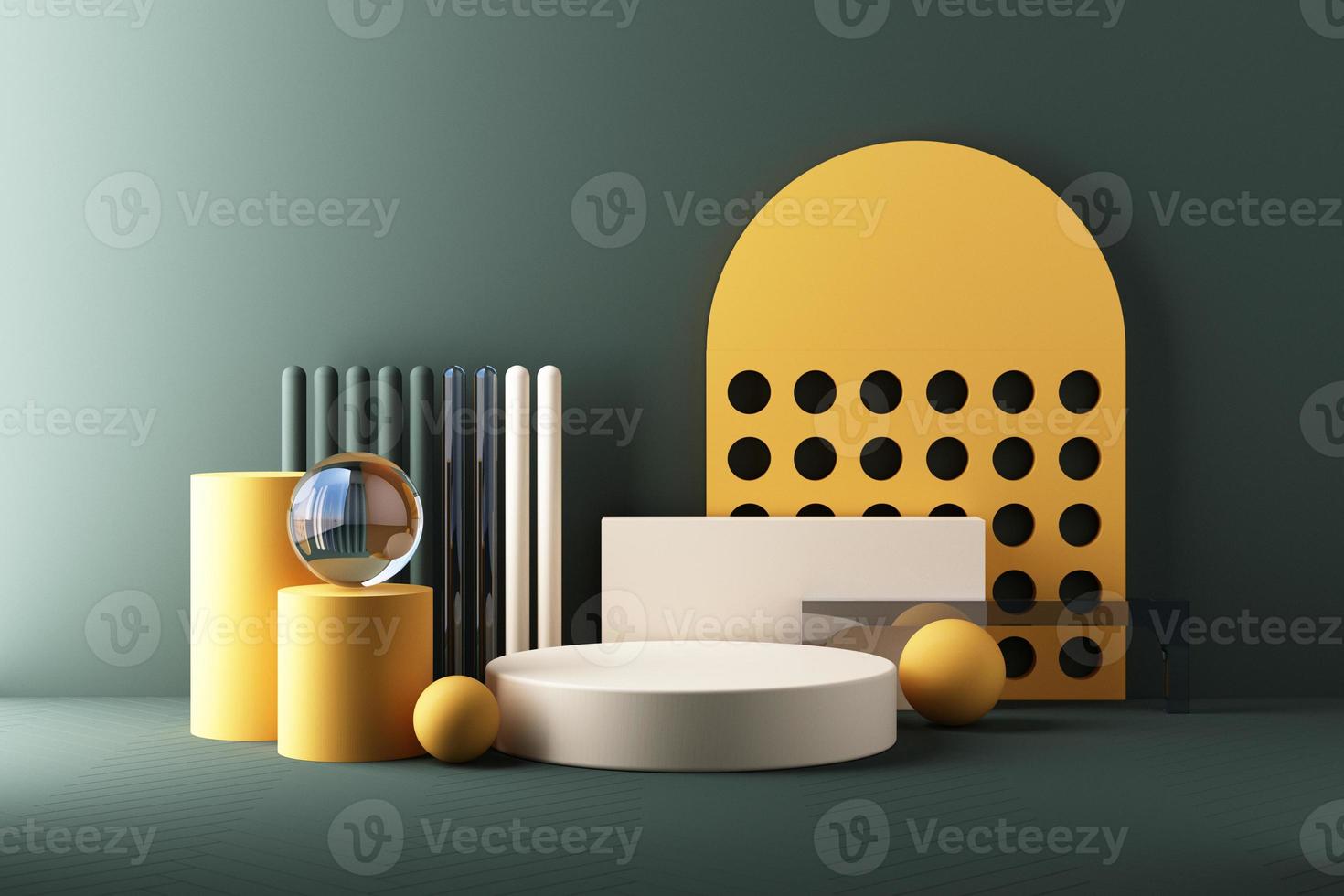 Minimal abstract geometric background with direct sunlight in shades of green and yellow. Showcase scene with empty podium for product presentation 3d rendering photo