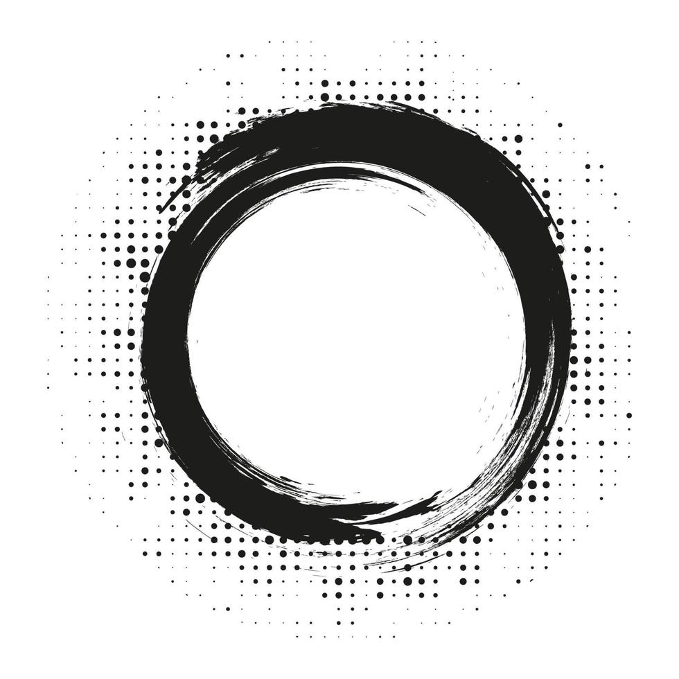 semitono negro grunge círculo abstracto marco punteado conjunto distribuido circularmente. elemento de diseño de emblema de logotipo de puntos abstractos. icono de borde redondo con textura de punto de círculo de medio tono aleatorio. vector