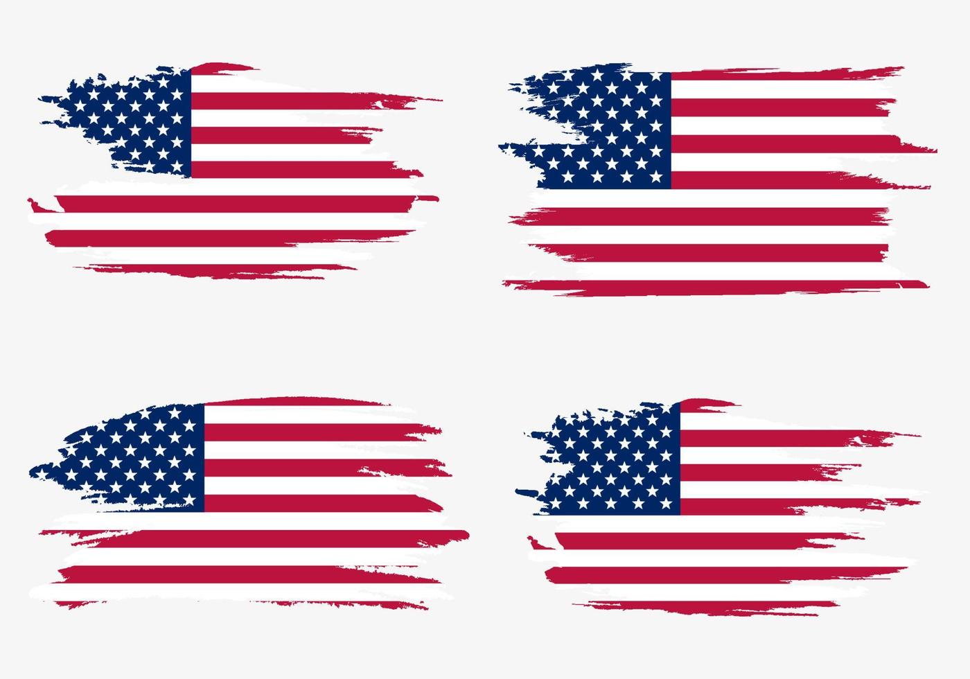 Set American flags. Brush painted flags of USA. Hand drawn style illustration with a grunge effect and watercolor. American flags with grunge texture. Vector illustration.