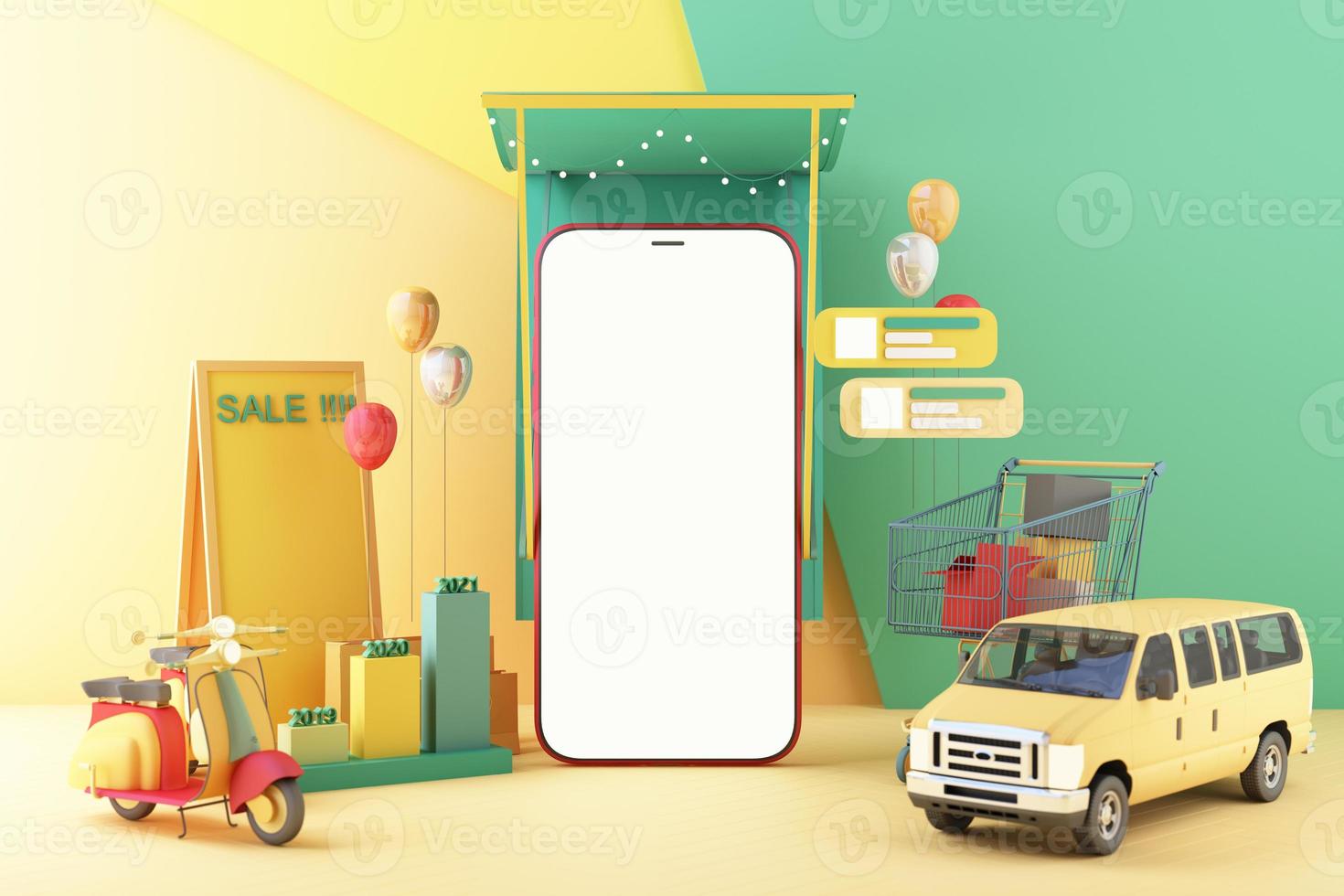 Phone screen online delivery service courier on bike and delivery van with box. Internet shipping web banner with Transportation and logistic digital shopping ad concept on pastel color. 3d rendering photo