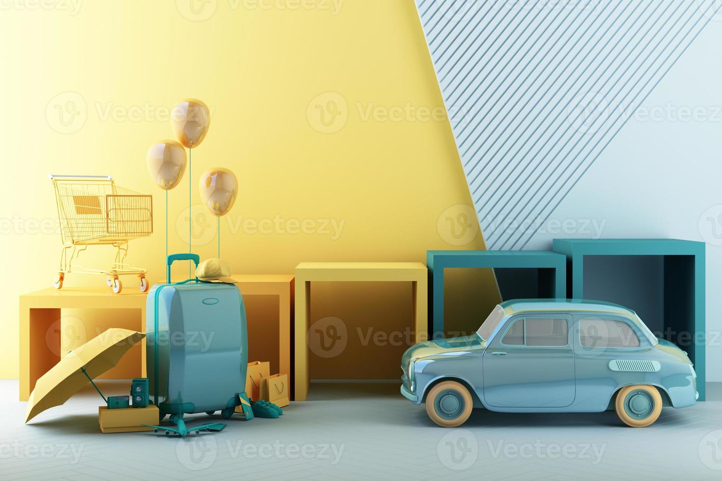 concepto de compras de verano con equipaje rodeado de sombrillas, zapatos y cámaras junto con modelos de aviones y ropa en perchas formas geométricas de moda con stand de productos 3d renderizado foto