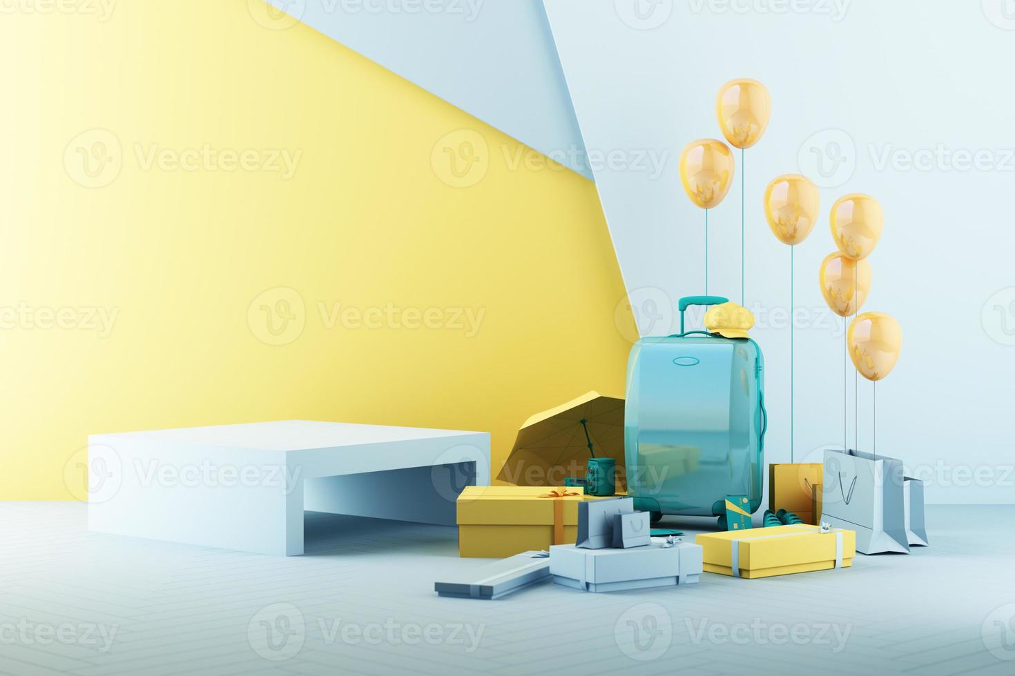 Summer shopping concept with luggage surrounded by umbrellas, shoes and cameras along with airplane models and clothes on hanger trendy geometric shapes with product stand 3d rendering photo