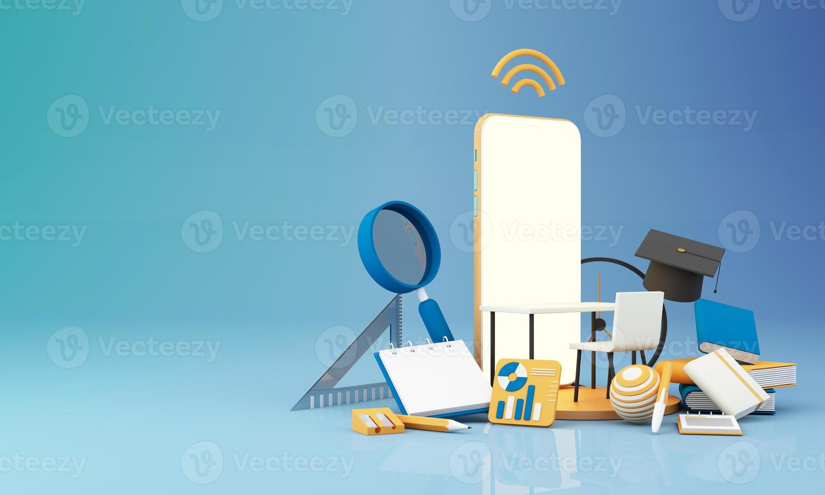 E-learning concept with laptop and wi-fi symbol surrounded by Graduate cap, open books, balloon, Ruler,statistical graph, pencil and magnifying glass on blue and yellow color tone 3d render photo