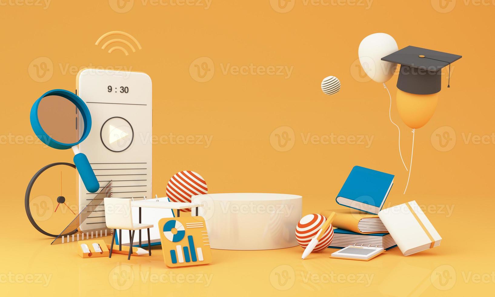 E-learning concept with laptop and wi-fi symbol surrounded by Graduate cap, open books, balloon, Ruler,statistical graph, pencil and magnifying glass on blue and yellow color tone 3d render photo