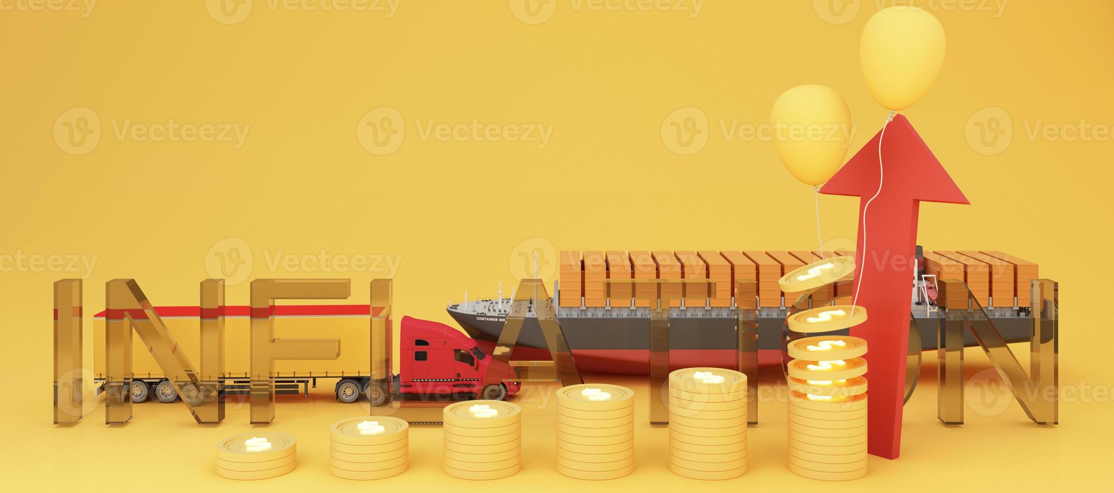 The concept of inflation is increasing. affecting international trade and transportation business in the yellow and red background and transport of the surrounding and cardboard 3d rendering photo