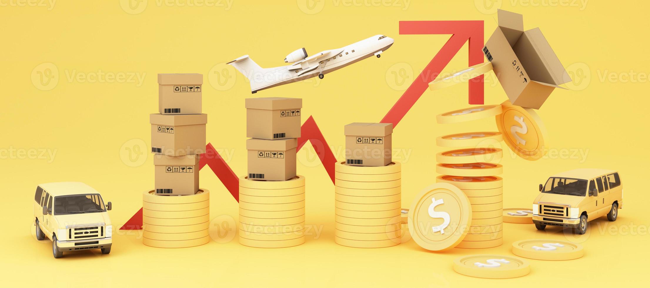 The concept of inflation is increasing. affecting international trade and transportation business in the yellow and red background and transport of the surrounding and cardboard 3d rendering photo